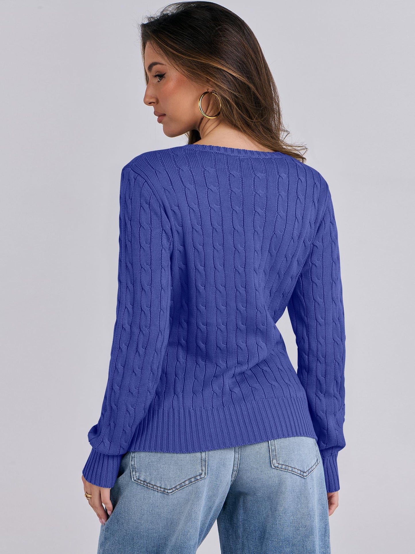 Women's Long Sleeve V Neck Cable Knit Sweater Jumper