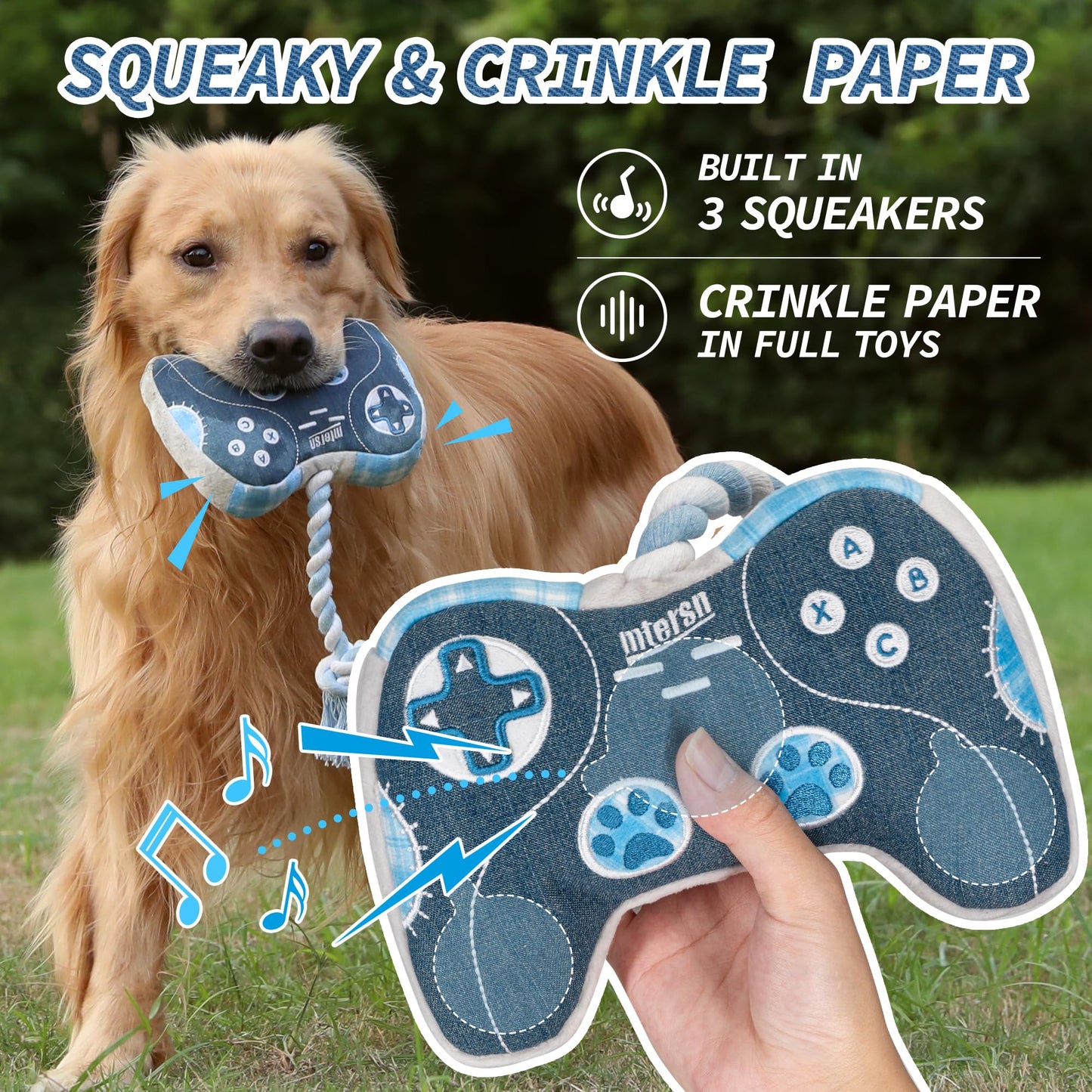 Cute Dog Plush Toys : Squeaky Dog Toys with Crinkle Paper and Interactive Rope Toy for Tug of War - Game Controller