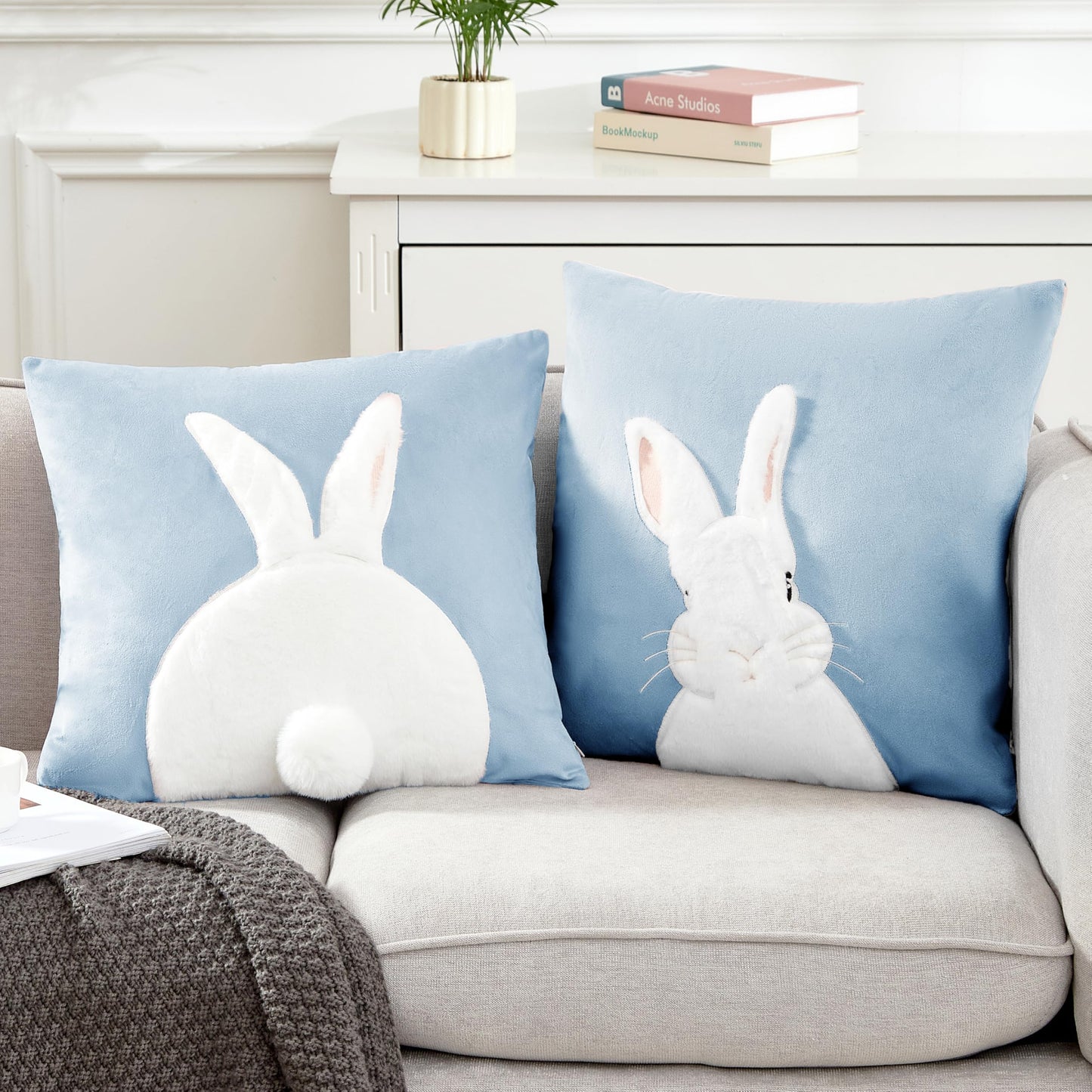 Embroidered 3D Bunny Rabbit Throw Pillowcase Velvet Spring Easter Pillow Covers