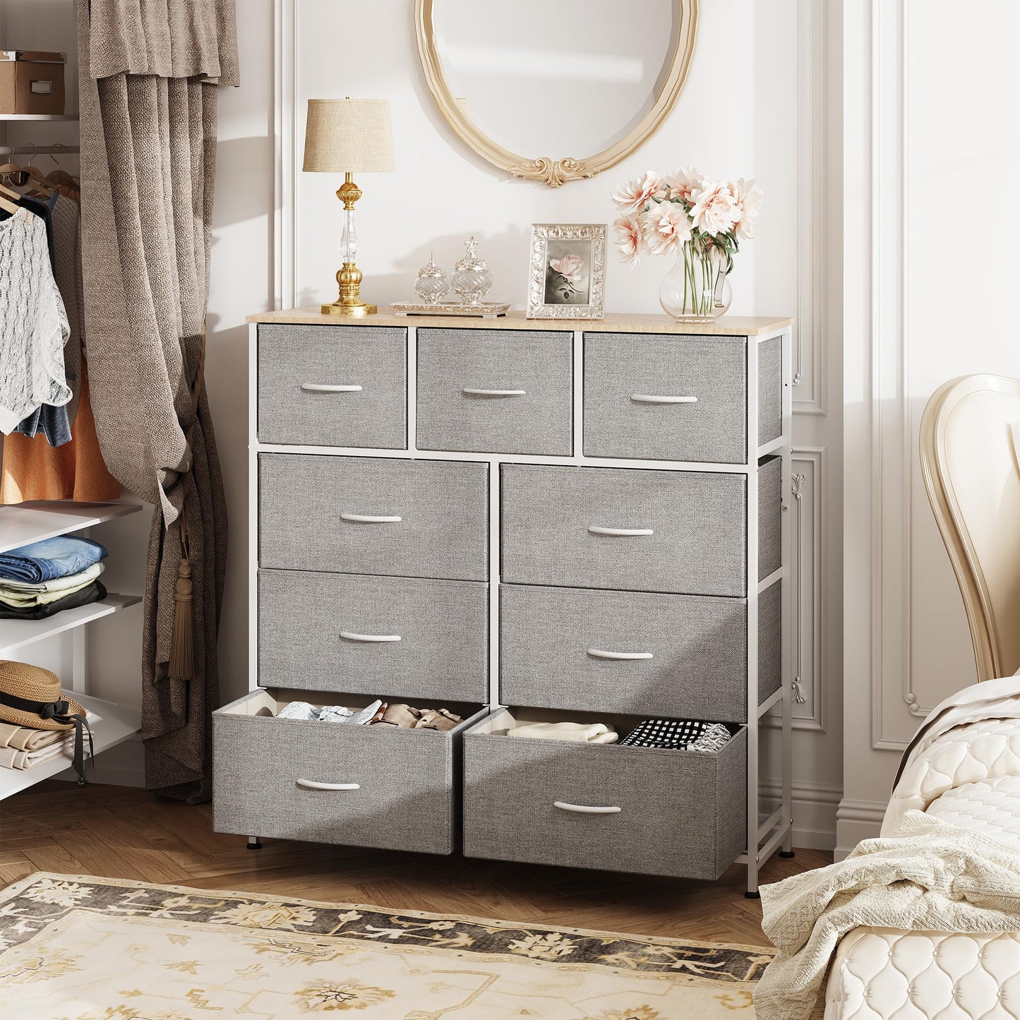 Drawer Fabric 9 Dresser – Tall Storage Tower with Bins, Steel Frame, and Wood Top