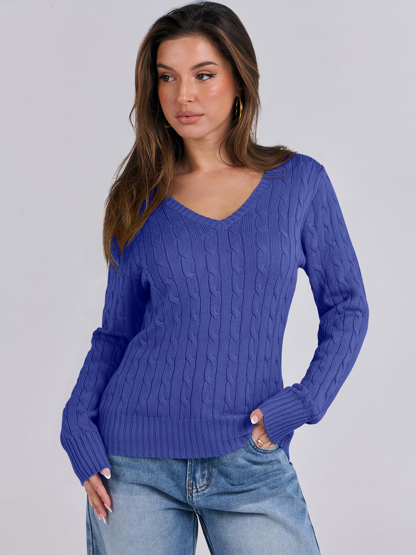 Women's Long Sleeve V Neck Cable Knit Sweater Jumper