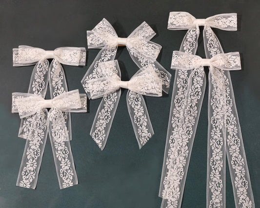 Lace Tulle Hair Bows with Long Tail Ribbons, Metal Bowknot and Tassel Barrettes