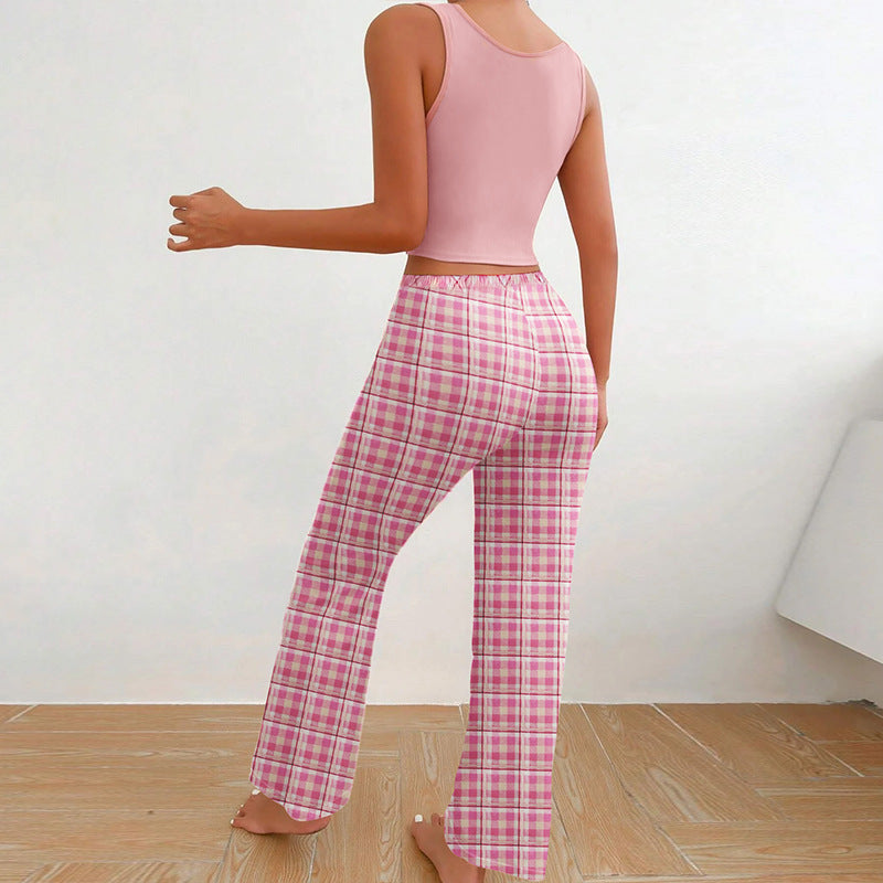 Women's Spring/Summer Casual Pajama Set – Sleeveless Letter Print Top and Color-Blocked Plaid Pants