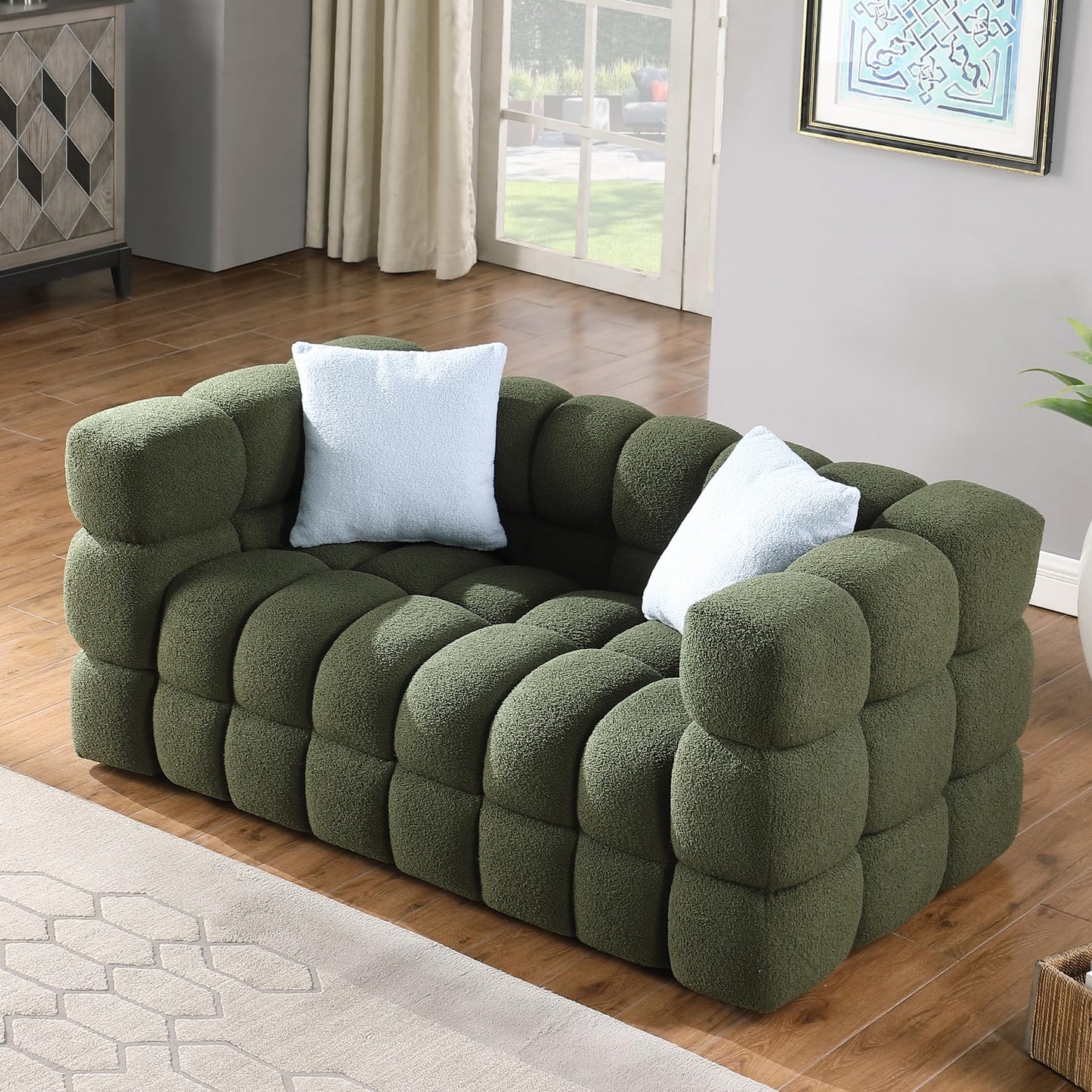 Modern Sofa Couch with Metal Legs Upholstered Tufted 3 Seater Couch with 2 Pillows Decor