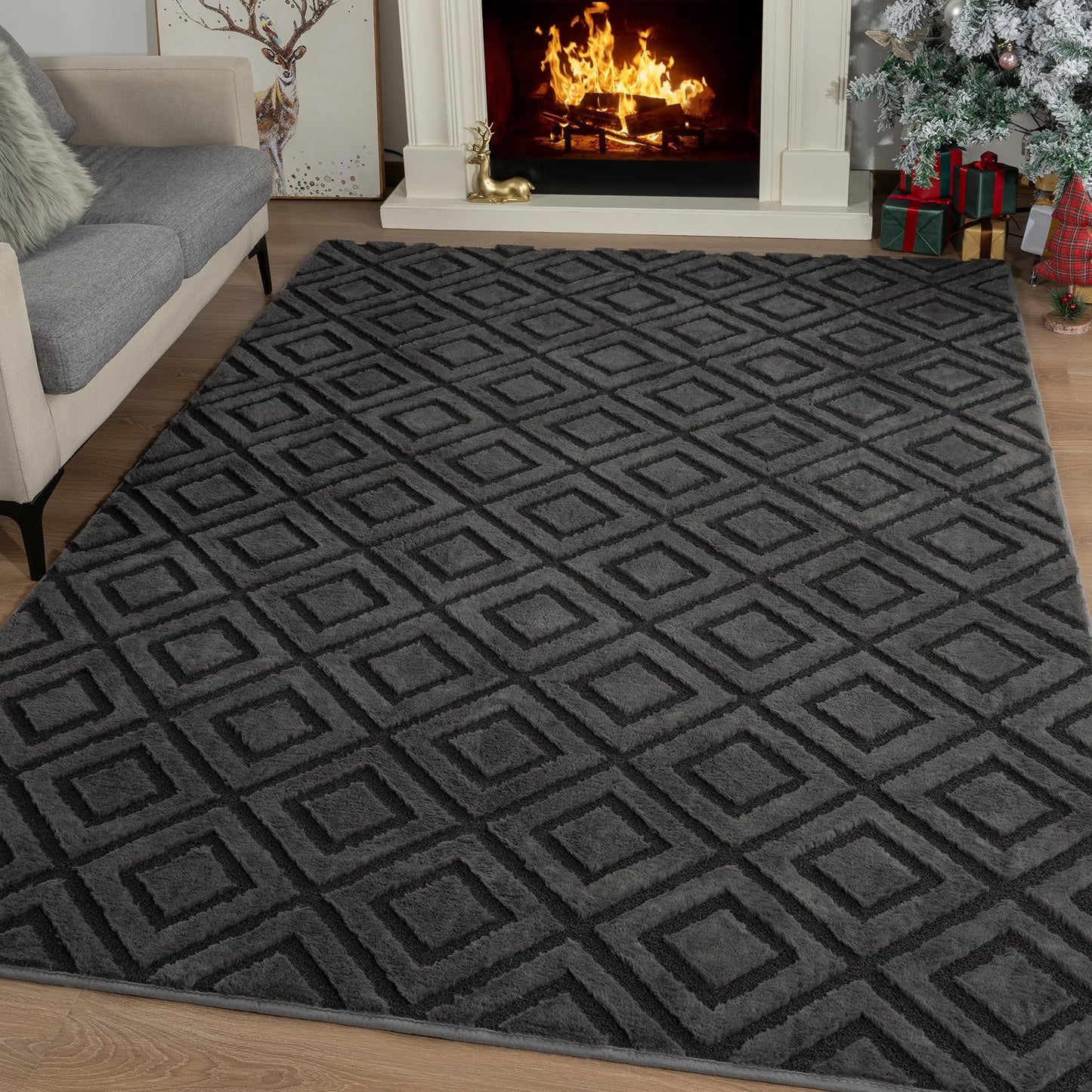 Geometric Memory Foam Rugs - Fluffy Checkered Shaggy Area Rug, Non-Slip Washable Modern Indoor Carpet