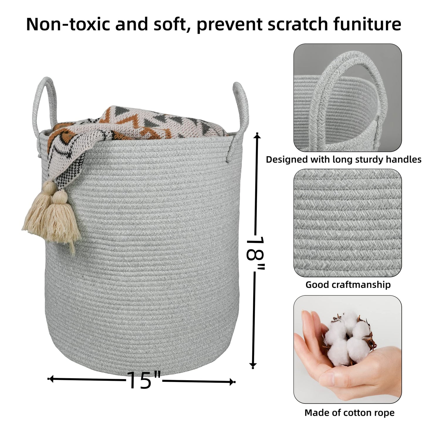 Cotton Boho Rope Laundry Basket – Woven Hamper for Blankets, Toys, and Nursery Storage