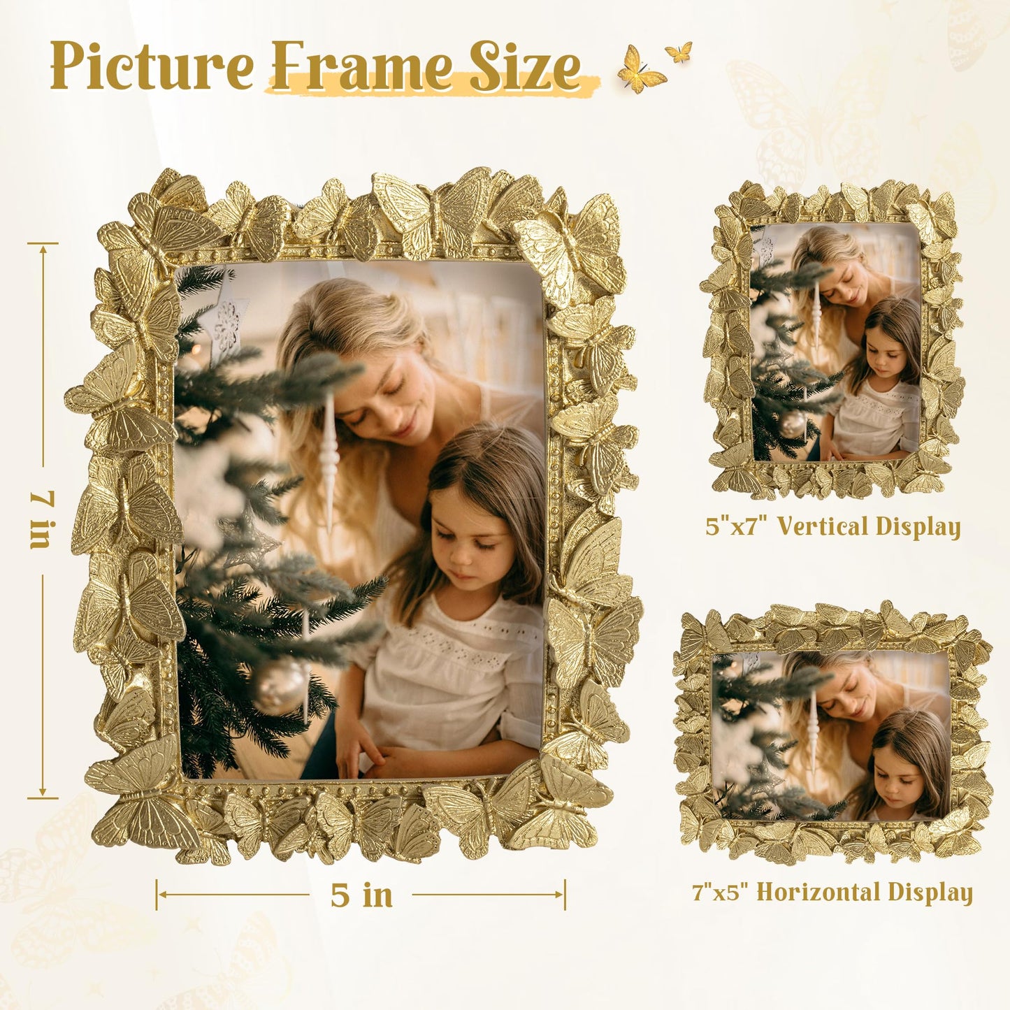 Picture Frame with High Tempered Glass, Butterfly Textured Hand-Crafted Resin Cute Photo Frame with Easel & Hook for Tabletop & Wall Display