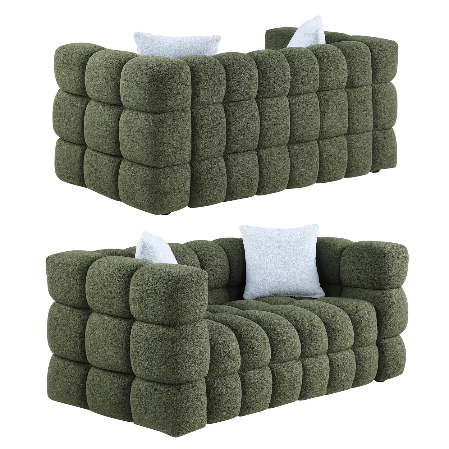 Modern Sofa Couch with Metal Legs Upholstered Tufted 3 Seater Couch with 2 Pillows Decor