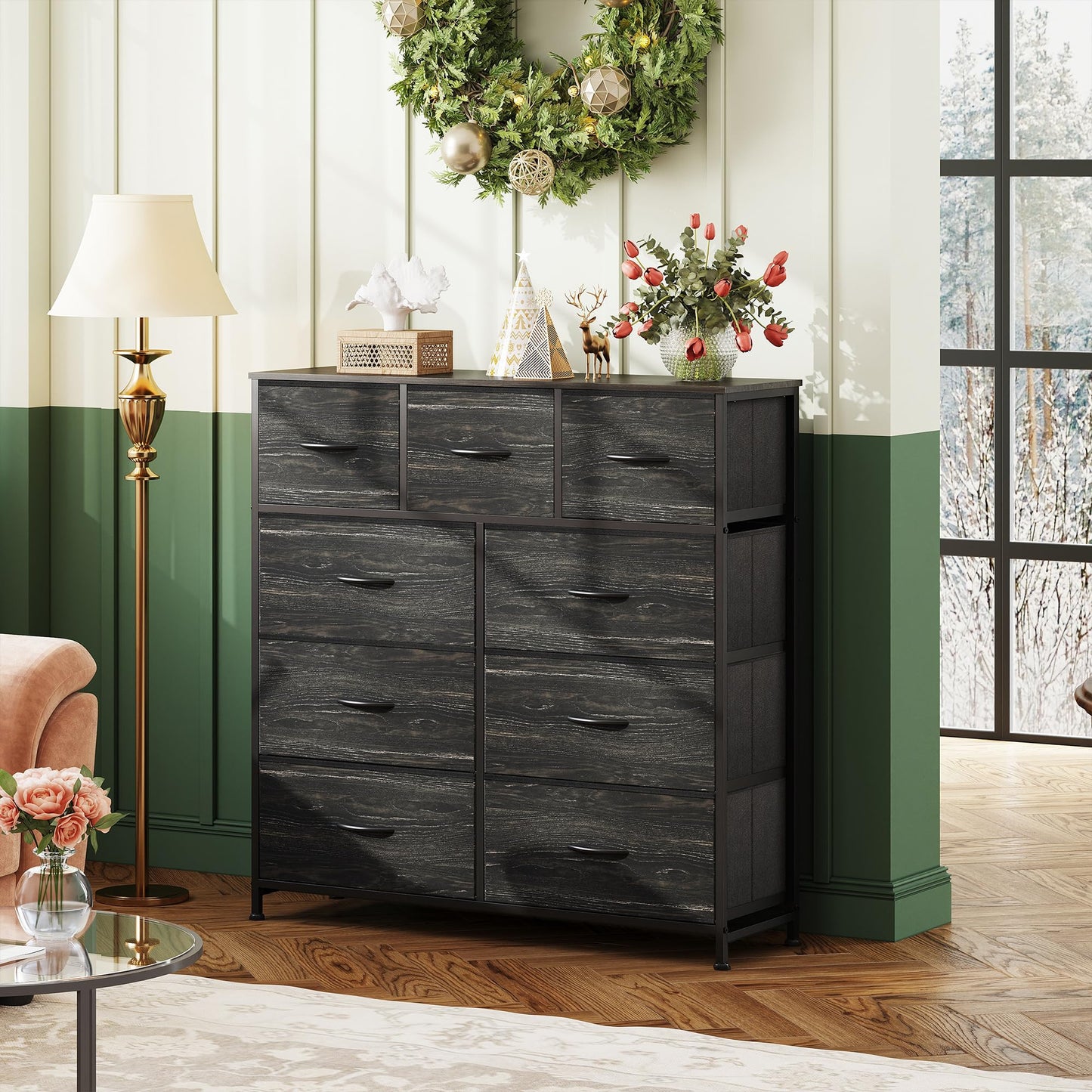 Drawer Fabric 9 Dresser – Tall Storage Tower with Bins, Steel Frame, and Wood Top