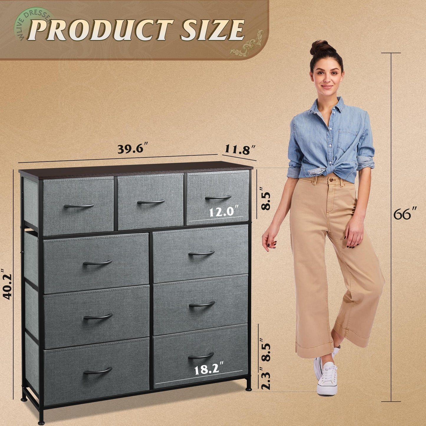 Drawer Fabric 9 Dresser – Tall Storage Tower with Bins, Steel Frame, and Wood Top