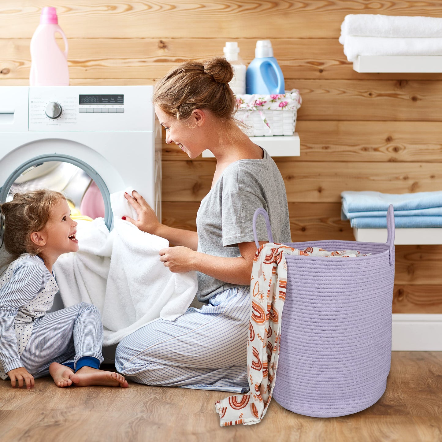 Cotton Boho Rope Laundry Basket – Woven Hamper for Blankets, Toys, and Nursery Storage