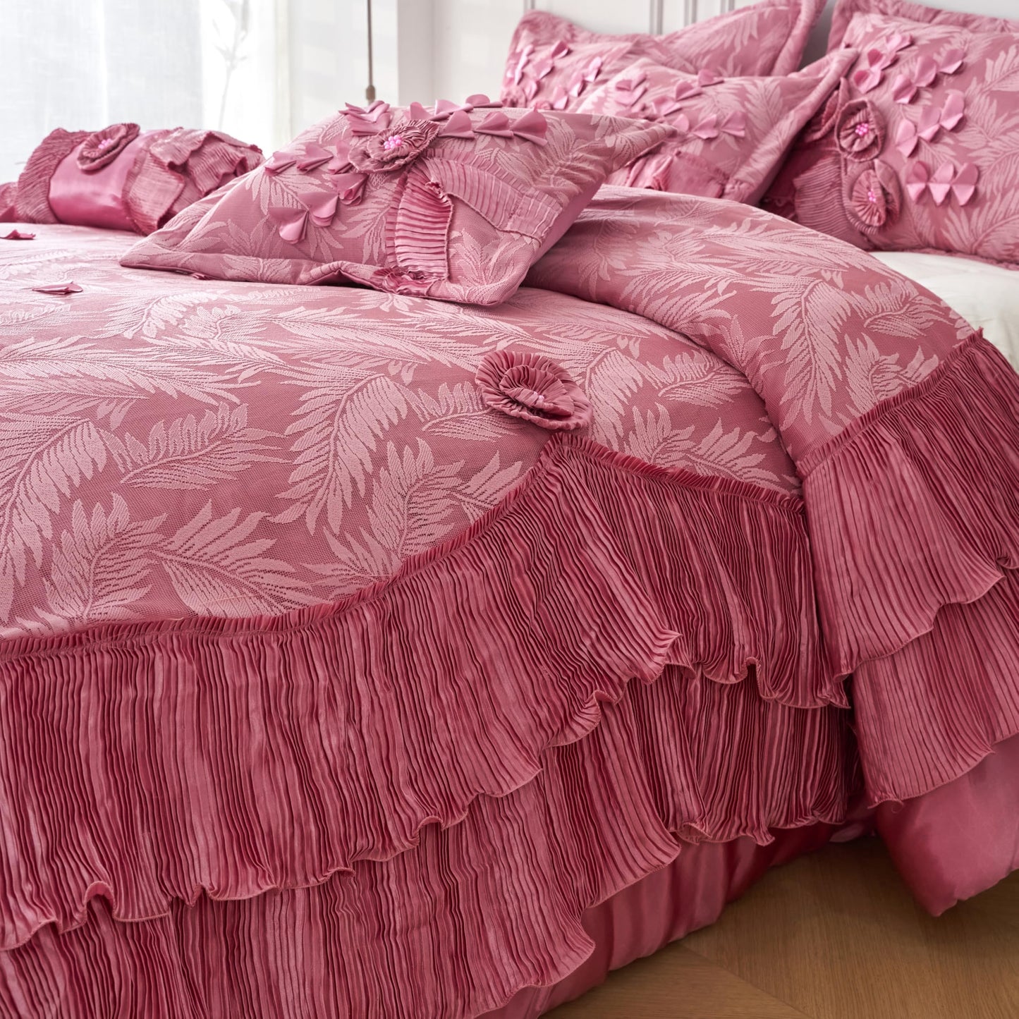 Elegant Satin Lace Cascading Ruffles Floral Embellished Victorian Rose Pink Bedding Royal Princess Dreams Ruffled Comforter Set, 6 Pieces