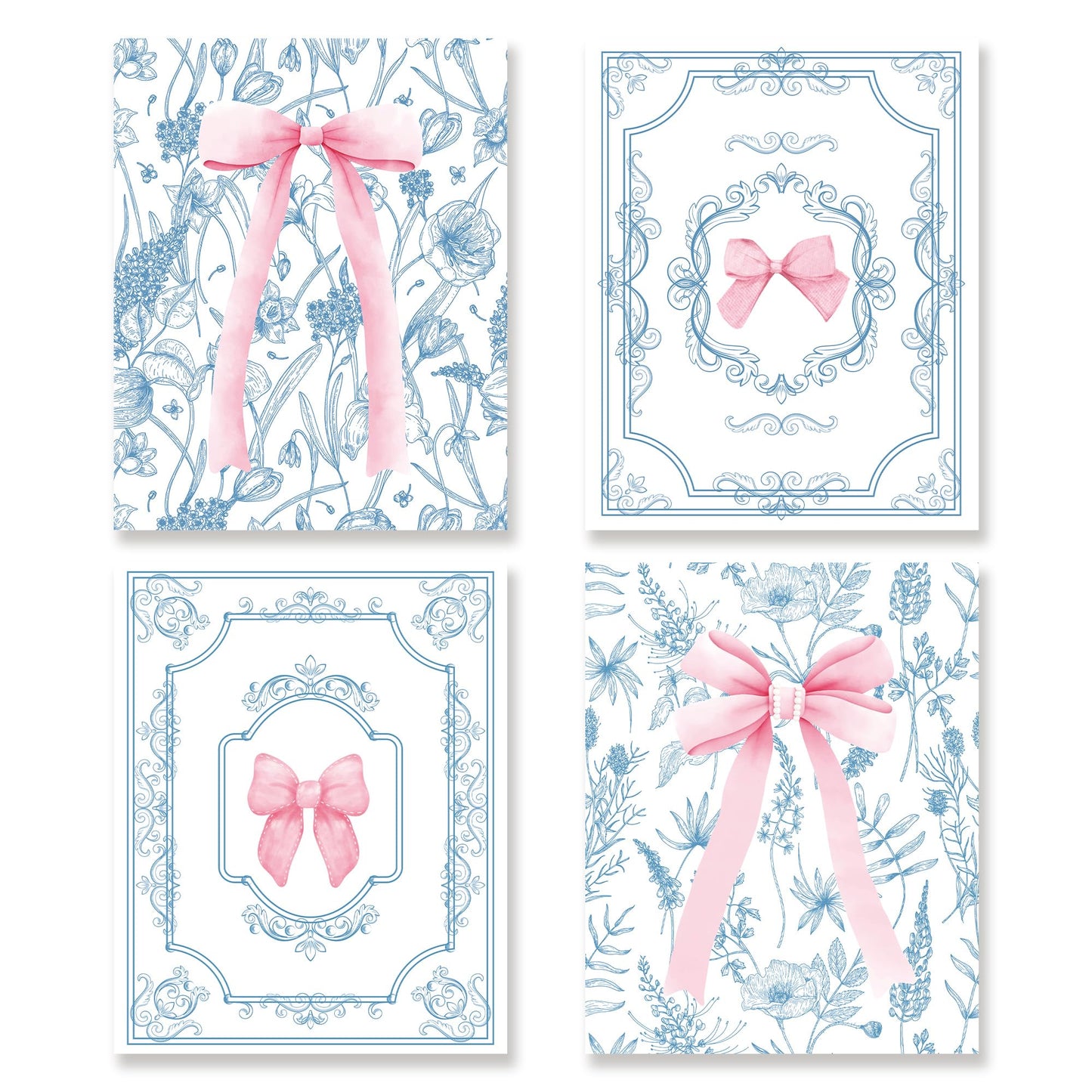 Coquette Preppy Wall Decor Art Set of 4 - Trendy Artwork Poster Prints Blue Flowers Pink Bows Wall Decor