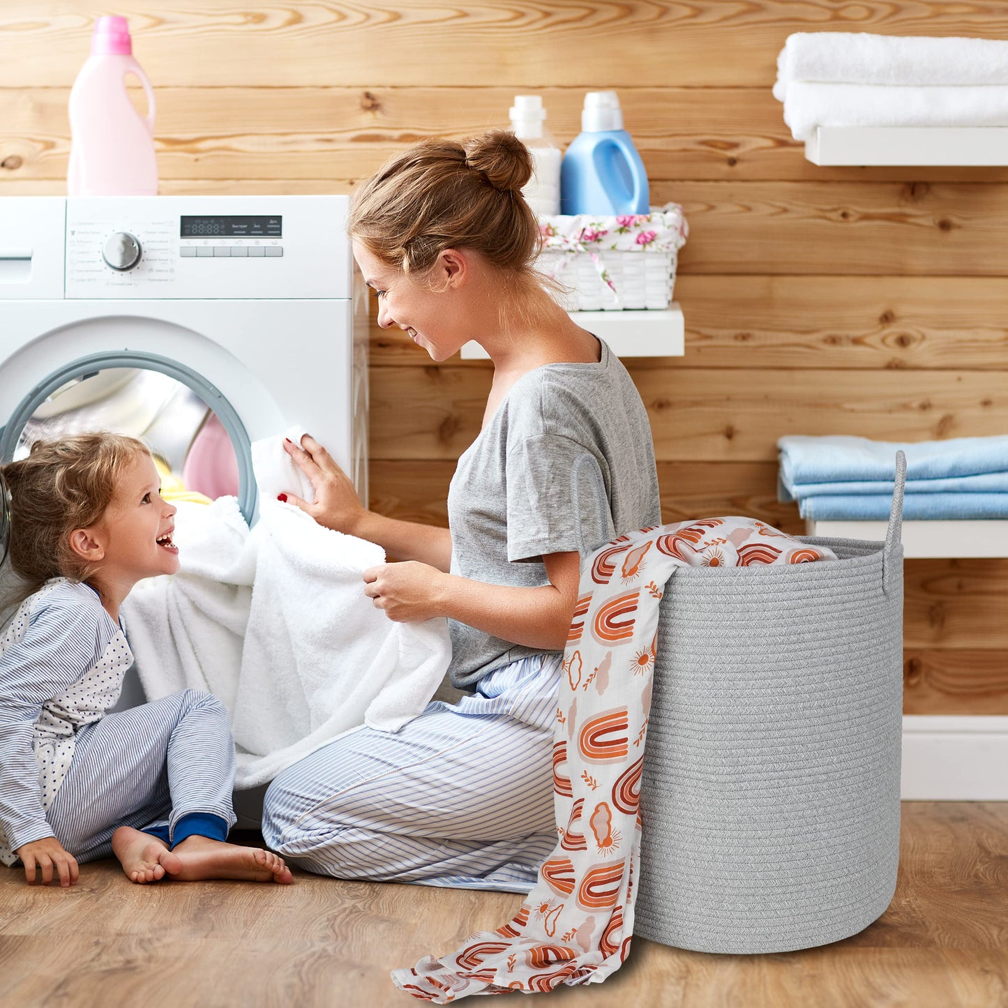 Cotton Boho Rope Laundry Basket – Woven Hamper for Blankets, Toys, and Nursery Storage