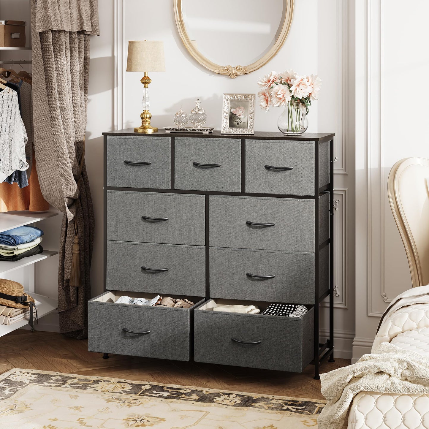 Drawer Fabric 9 Dresser – Tall Storage Tower with Bins, Steel Frame, and Wood Top