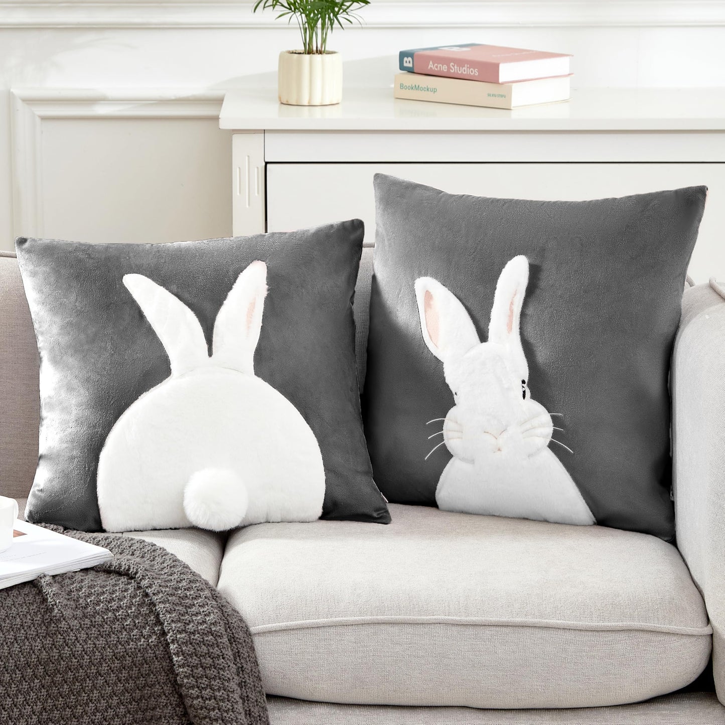 Embroidered 3D Bunny Rabbit Throw Pillowcase Velvet Spring Easter Pillow Covers