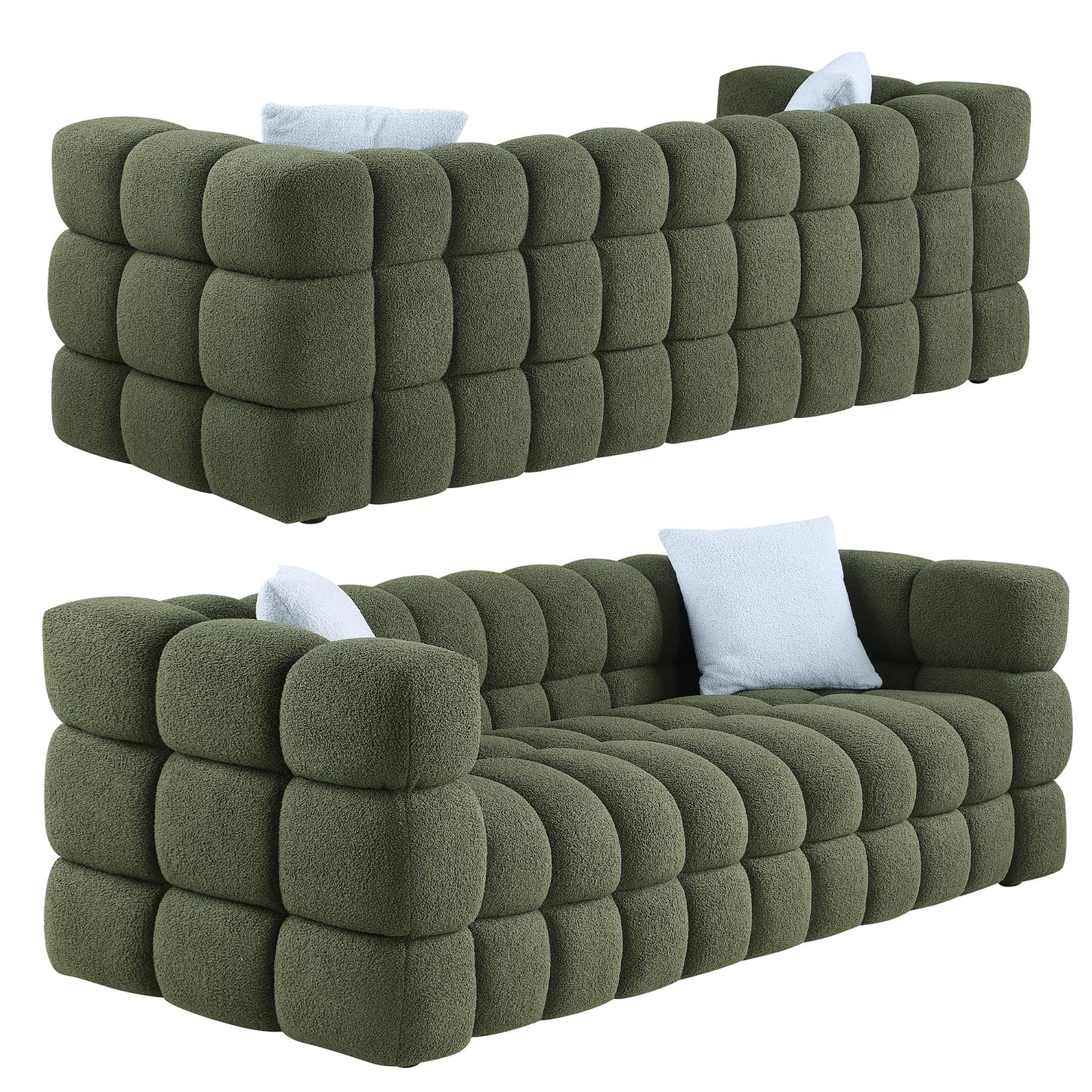 Modern Sofa Couch with Metal Legs Upholstered Tufted 3 Seater Couch with 2 Pillows Decor