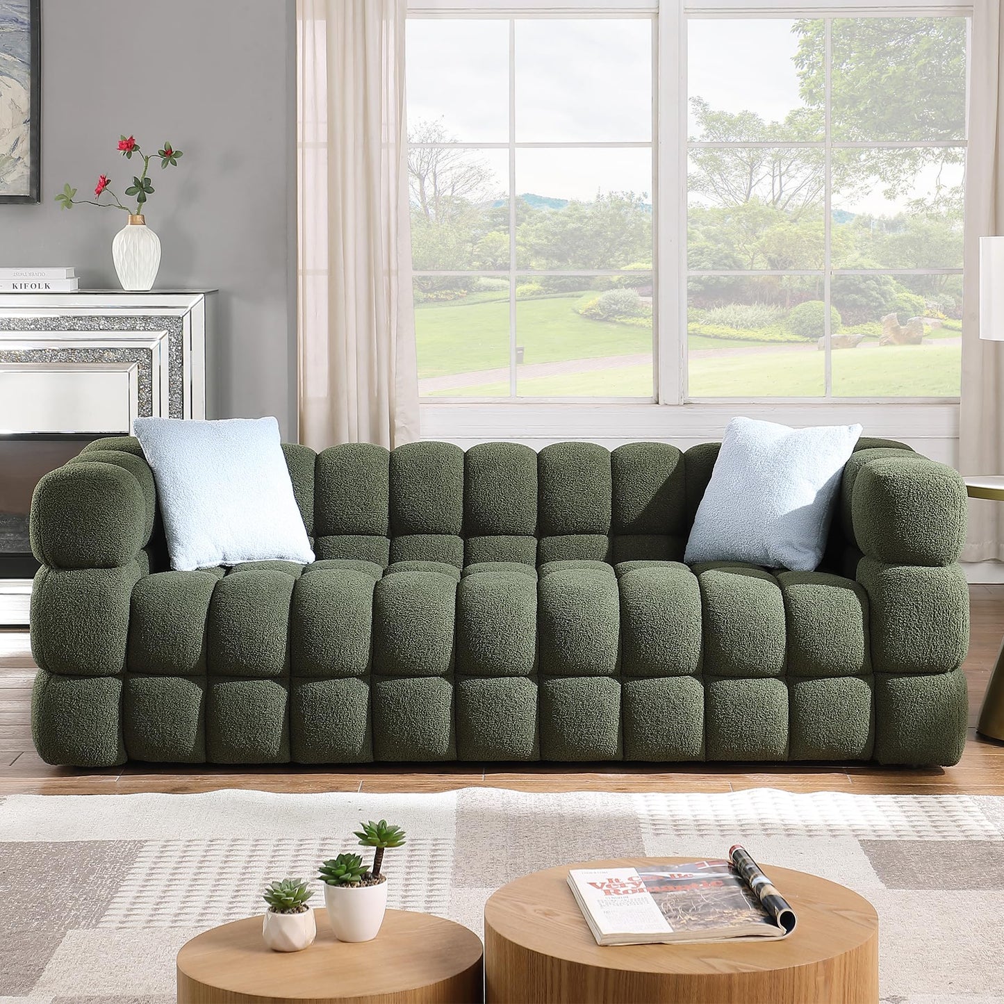 Modern Sofa Couch with Metal Legs Upholstered Tufted 3 Seater Couch with 2 Pillows Decor