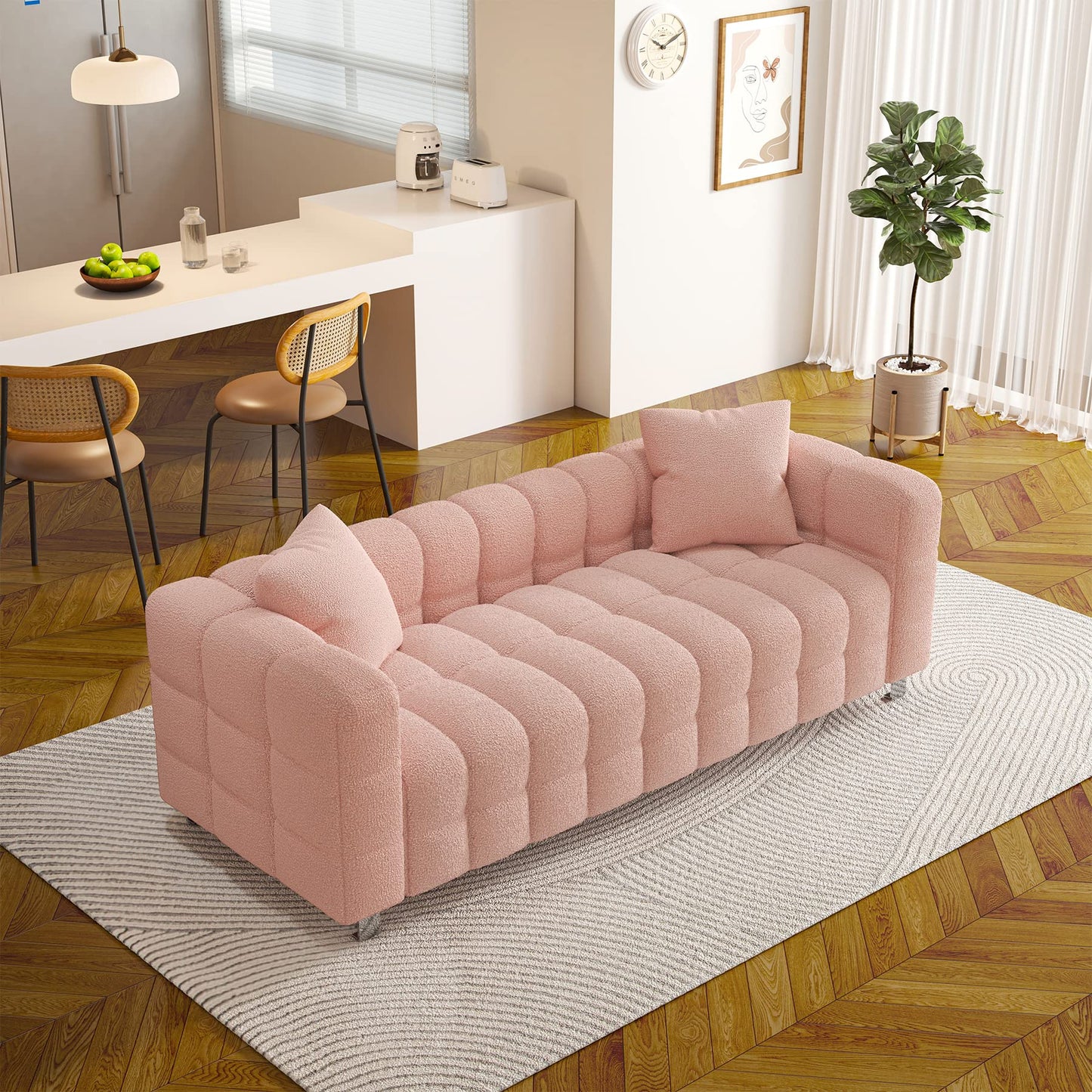 Modern Sofa Couch with Metal Legs Upholstered Tufted 3 Seater Couch with 2 Pillows Decor