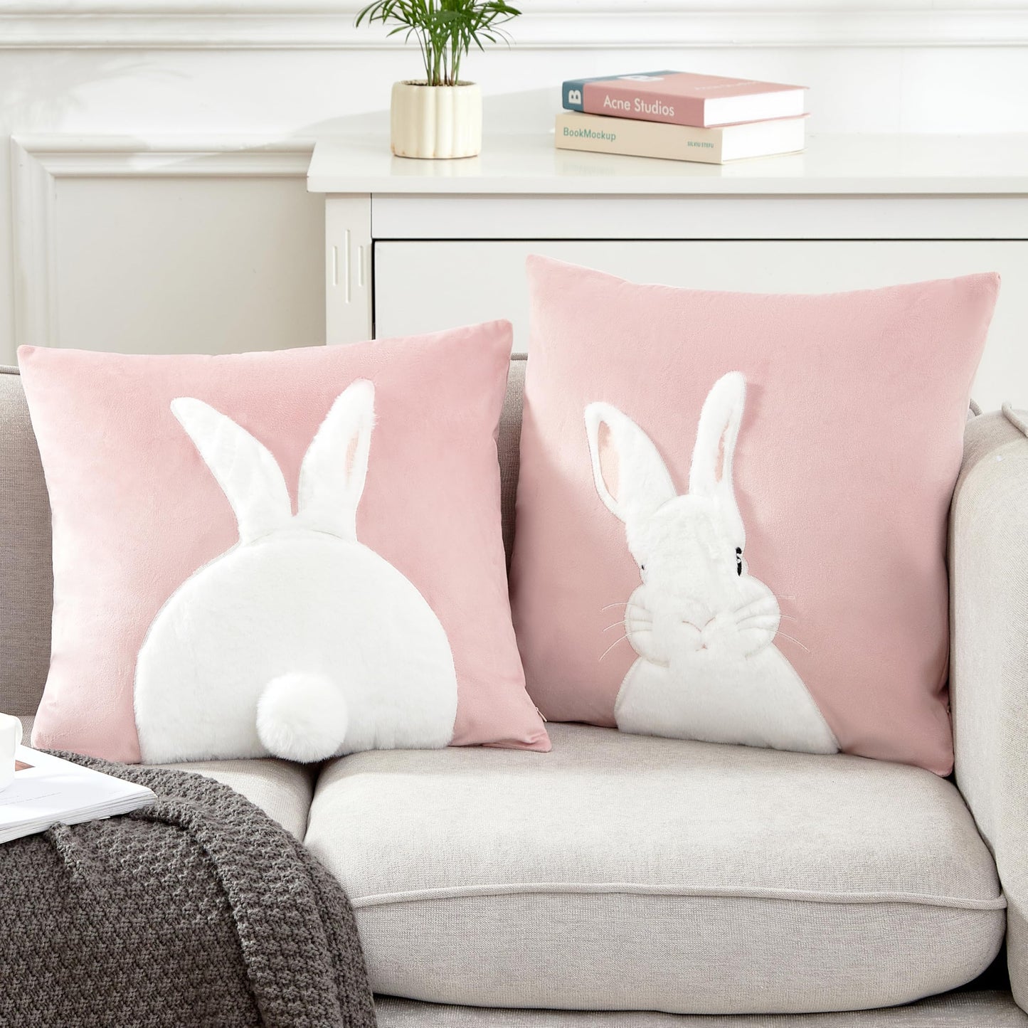 Embroidered 3D Bunny Rabbit Throw Pillowcase Velvet Spring Easter Pillow Covers