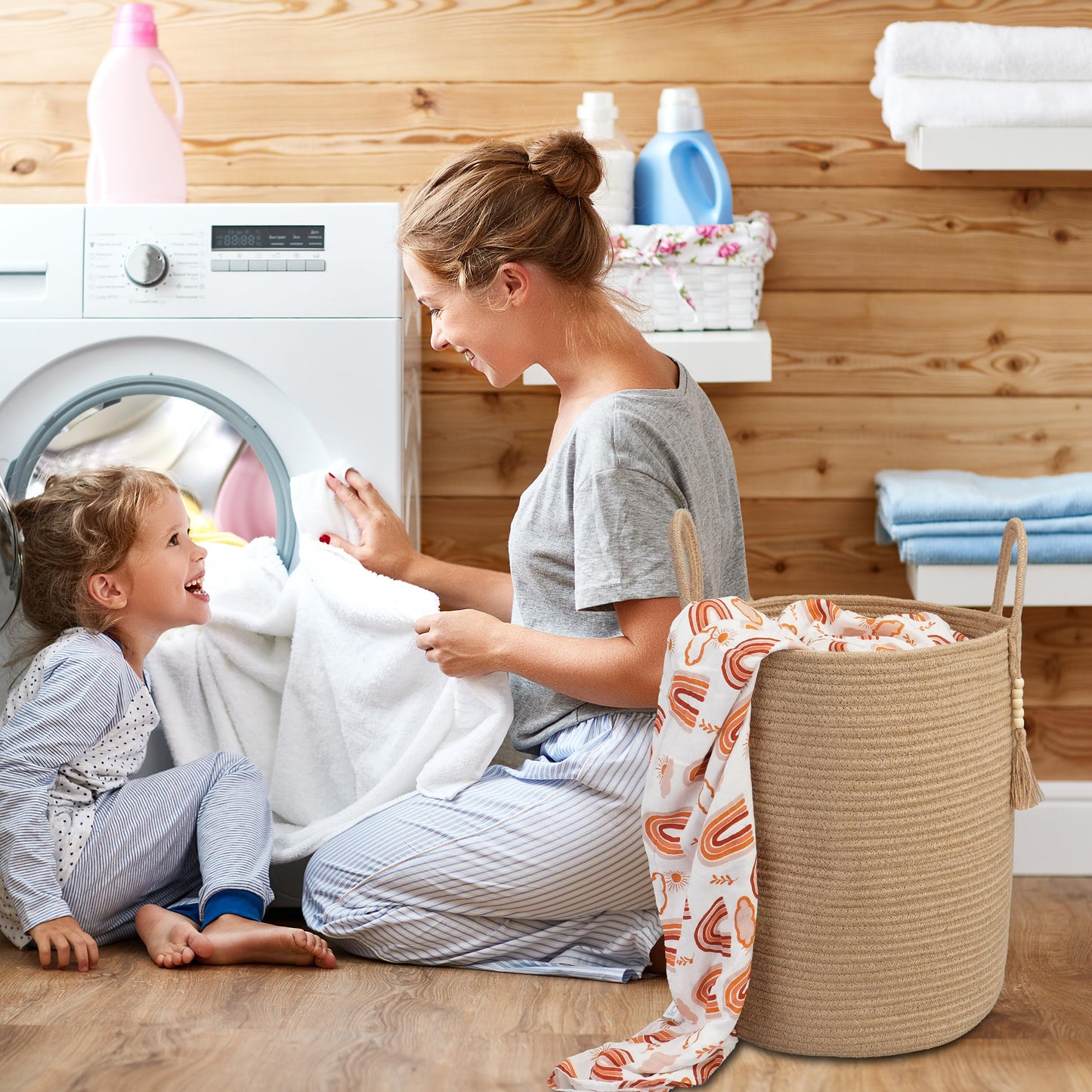 Cotton Boho Rope Laundry Basket – Woven Hamper for Blankets, Toys, and Nursery Storage