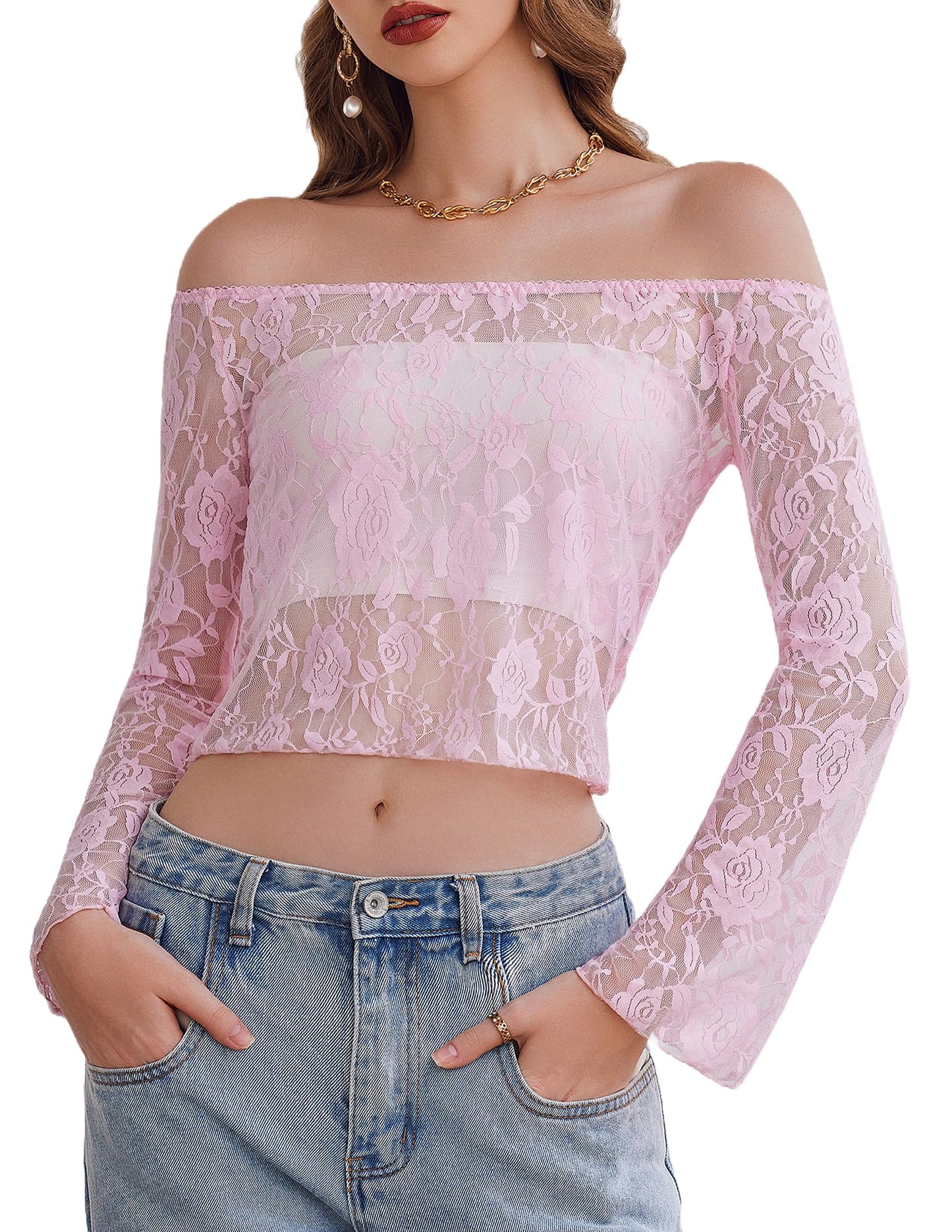 Lace Long Sleeve Y2k Off The Shoulder Tops Sexy Sheer Bell Tops