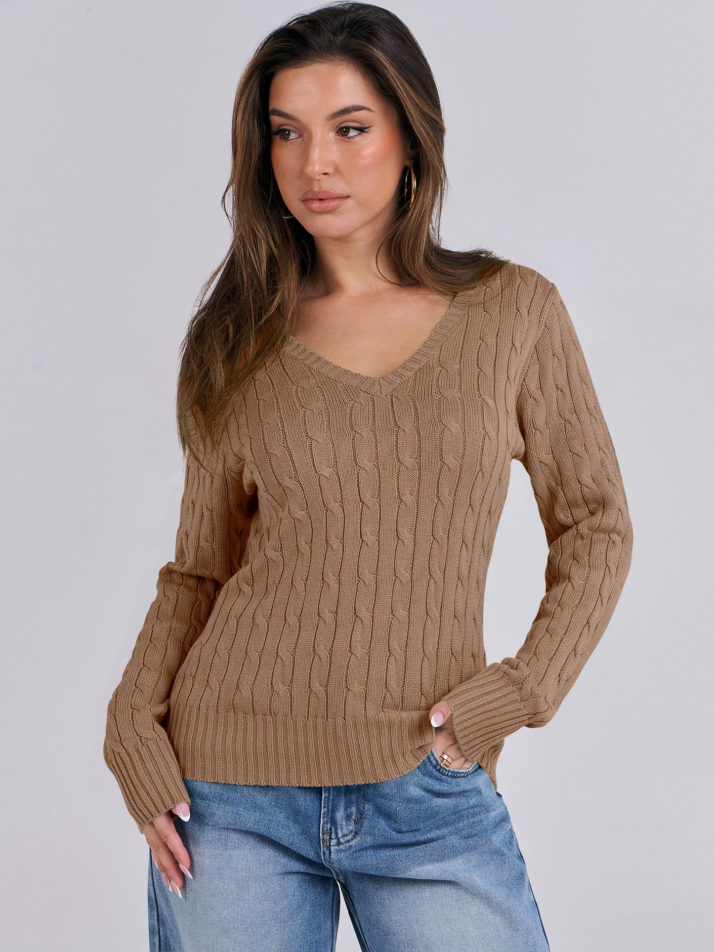 Women's Long Sleeve V Neck Cable Knit Sweater Jumper