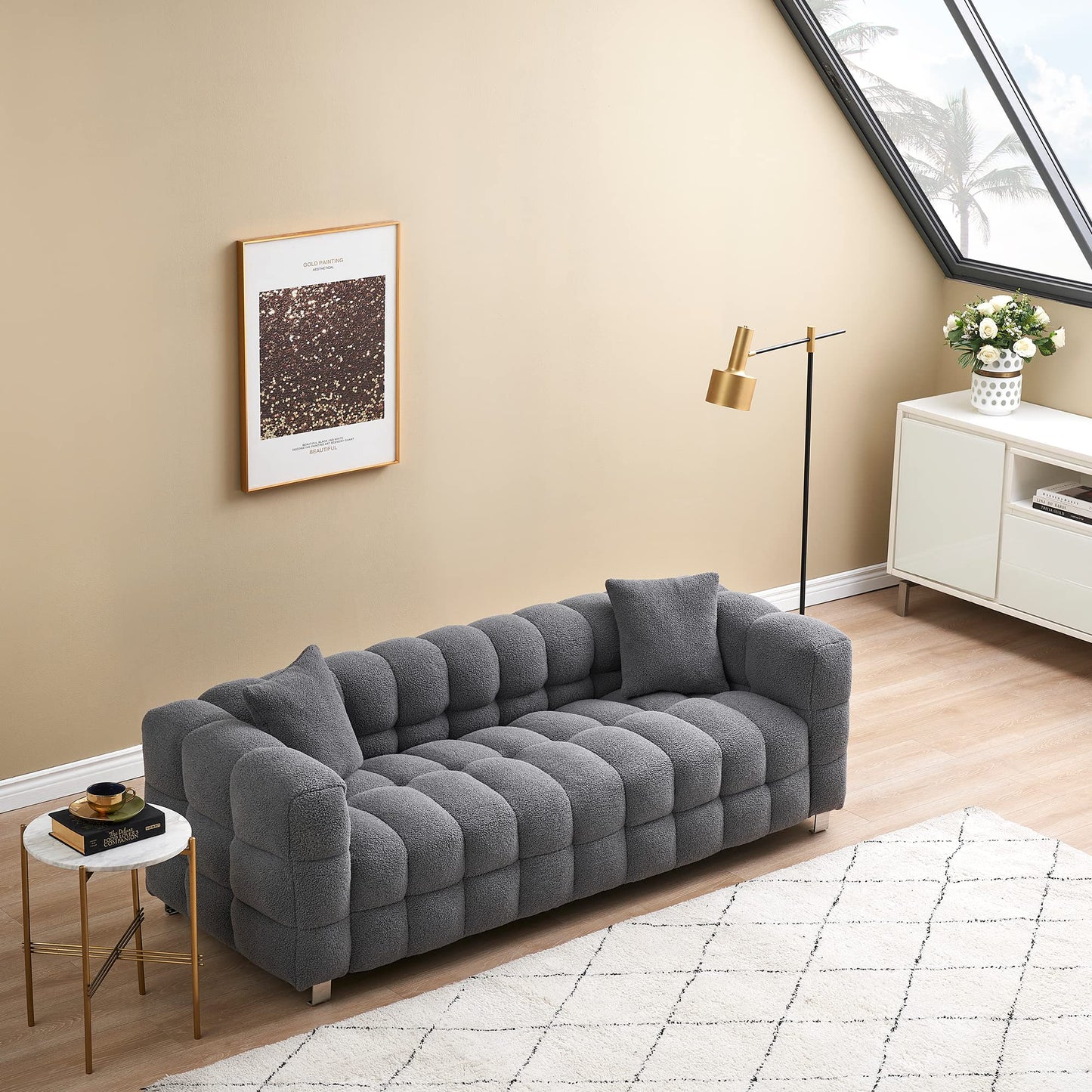 Modern Sofa Couch with Metal Legs Upholstered Tufted 3 Seater Couch with 2 Pillows Decor