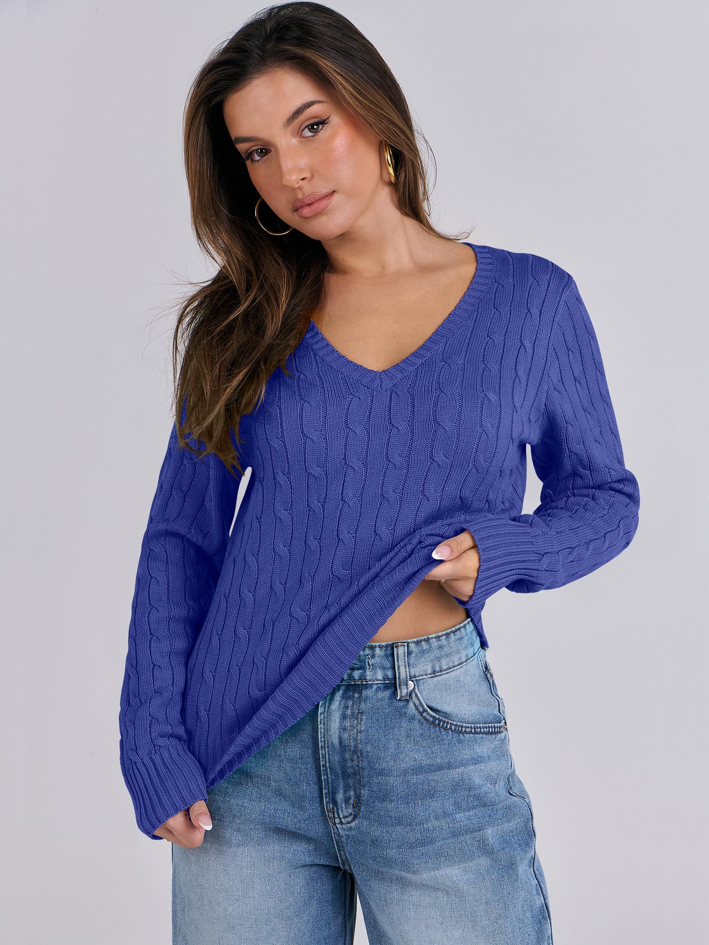 Women's Long Sleeve V Neck Cable Knit Sweater Jumper