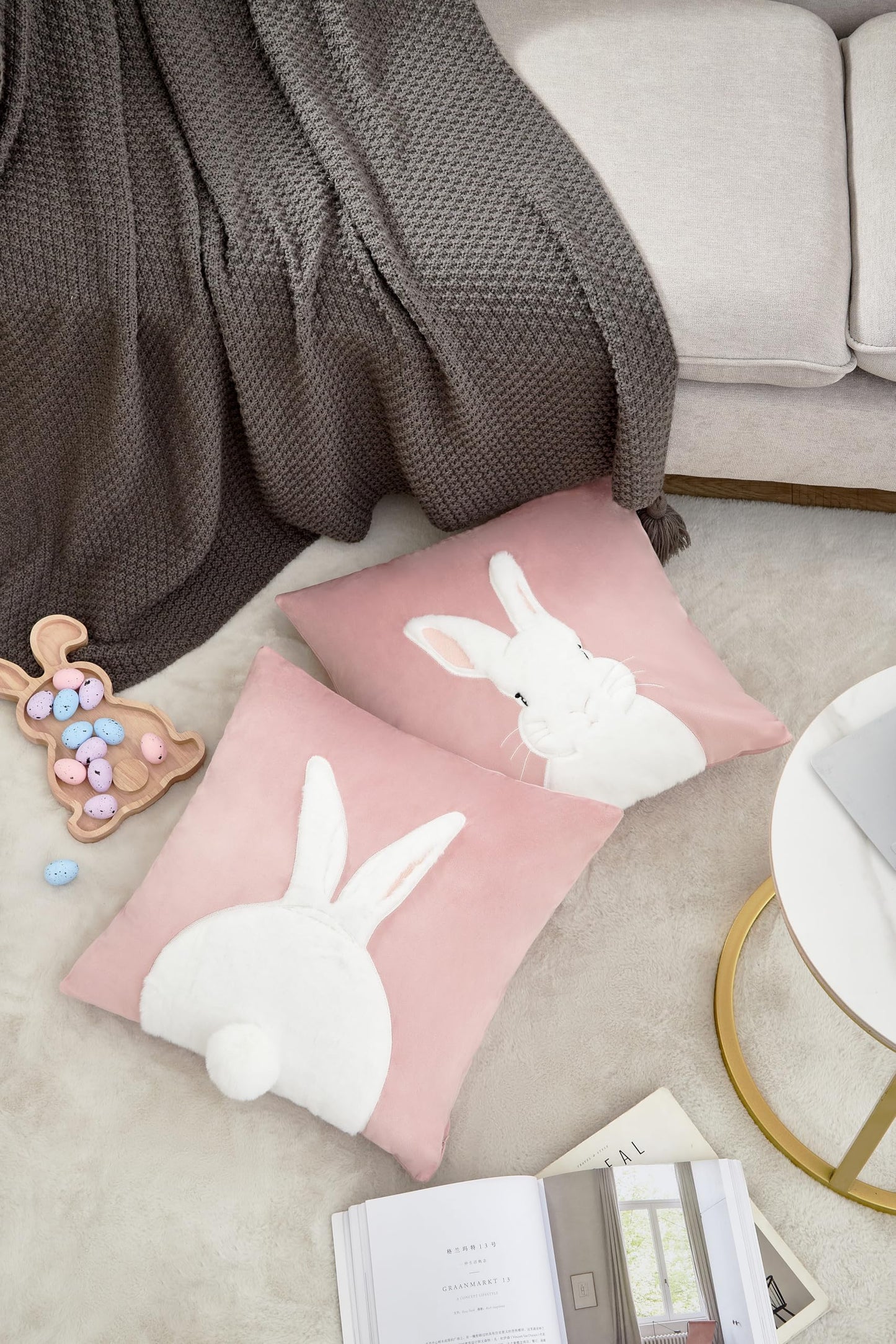 Embroidered 3D Bunny Rabbit Throw Pillowcase Velvet Spring Easter Pillow Covers