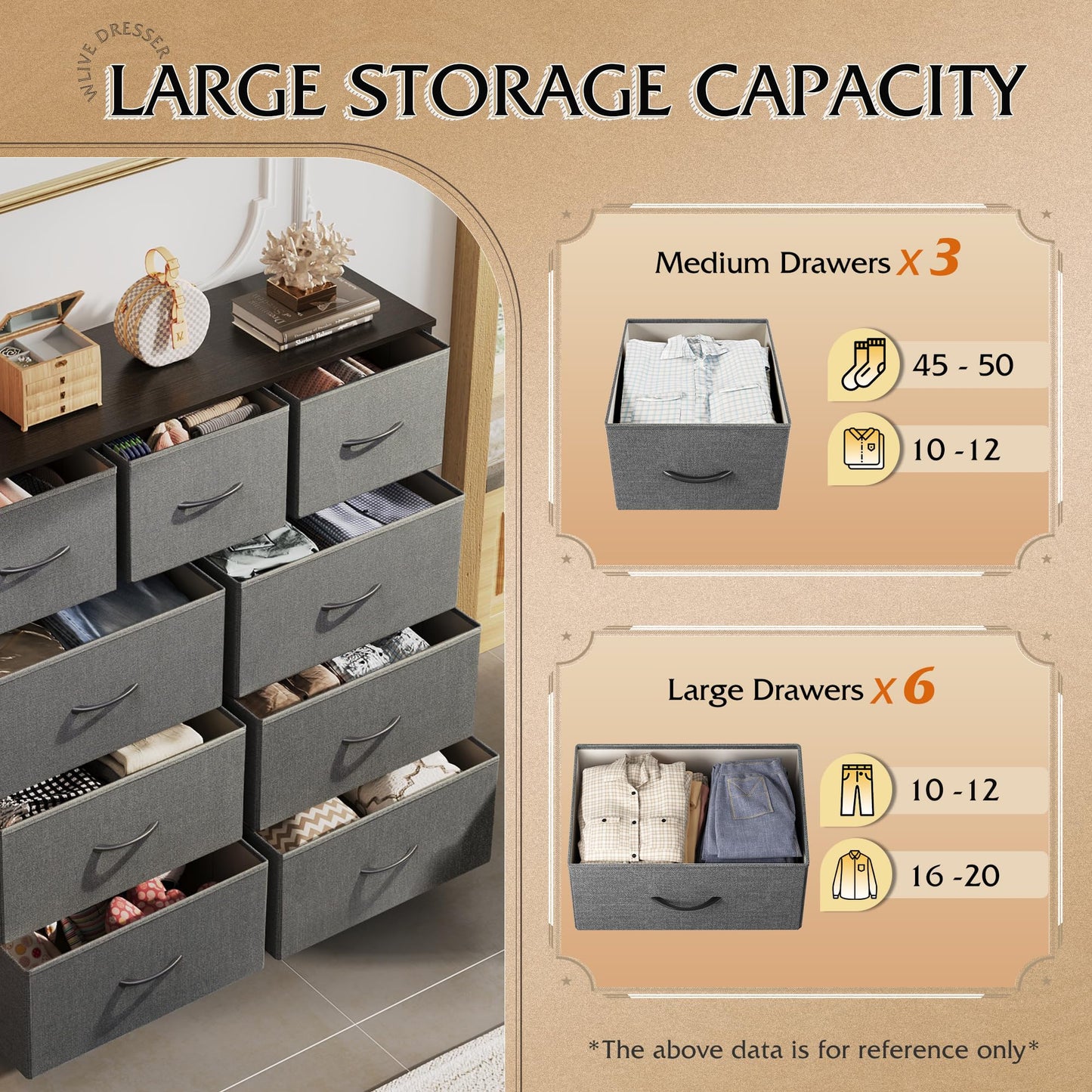 Drawer Fabric 9 Dresser – Tall Storage Tower with Bins, Steel Frame, and Wood Top