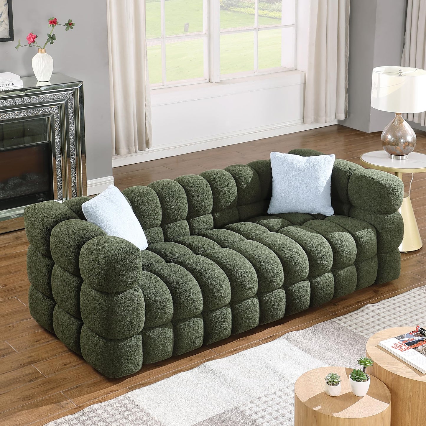 Modern Sofa Couch with Metal Legs Upholstered Tufted 3 Seater Couch with 2 Pillows Decor