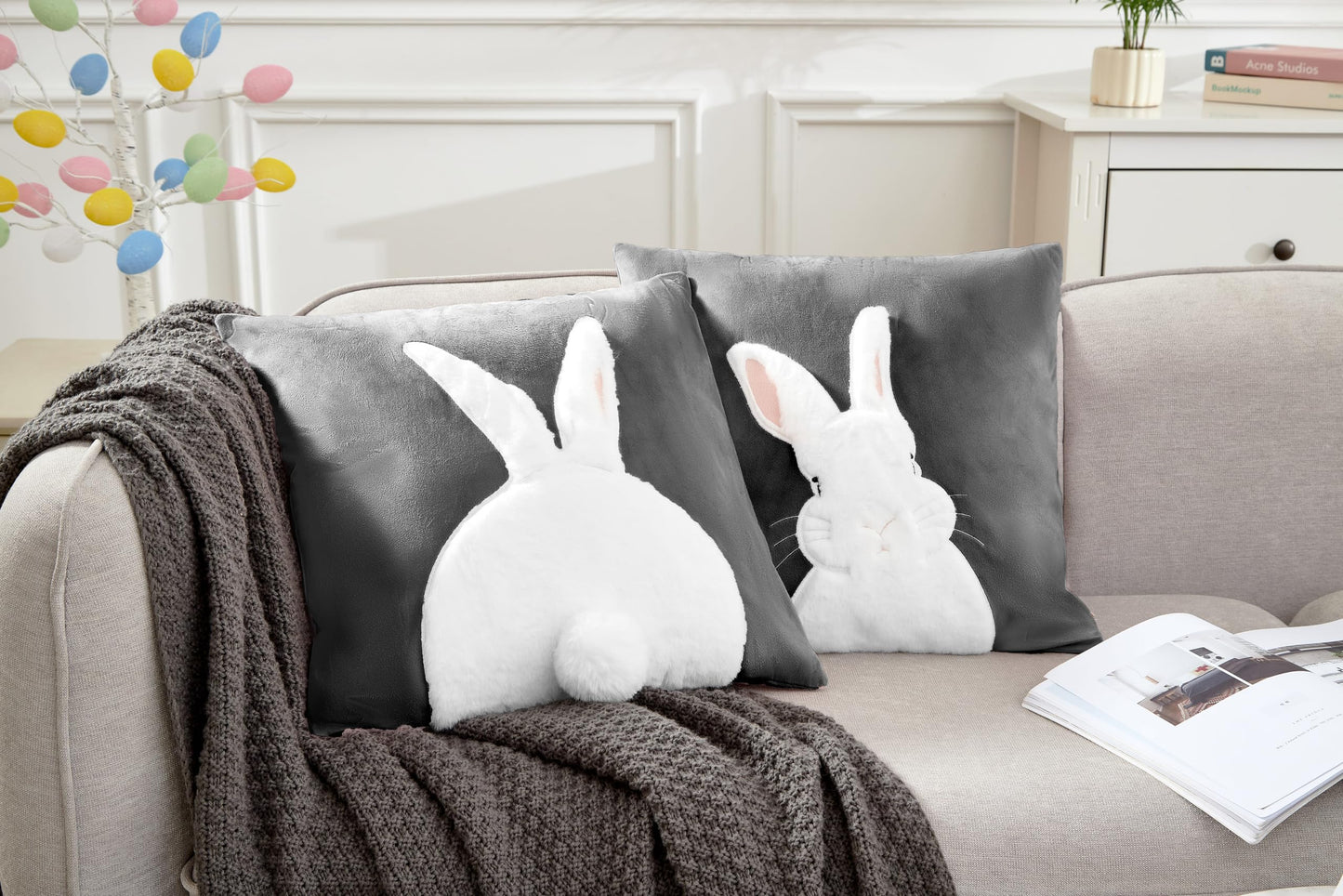 Embroidered 3D Bunny Rabbit Throw Pillowcase Velvet Spring Easter Pillow Covers