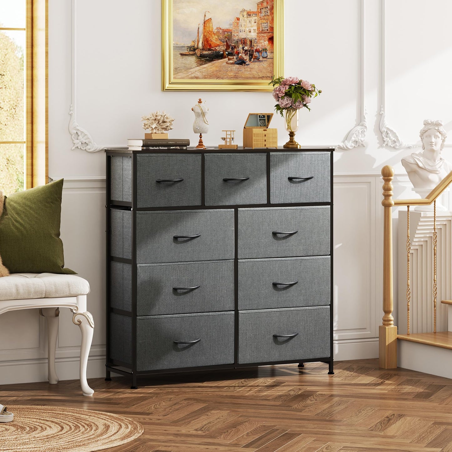 Drawer Fabric 9 Dresser – Tall Storage Tower with Bins, Steel Frame, and Wood Top