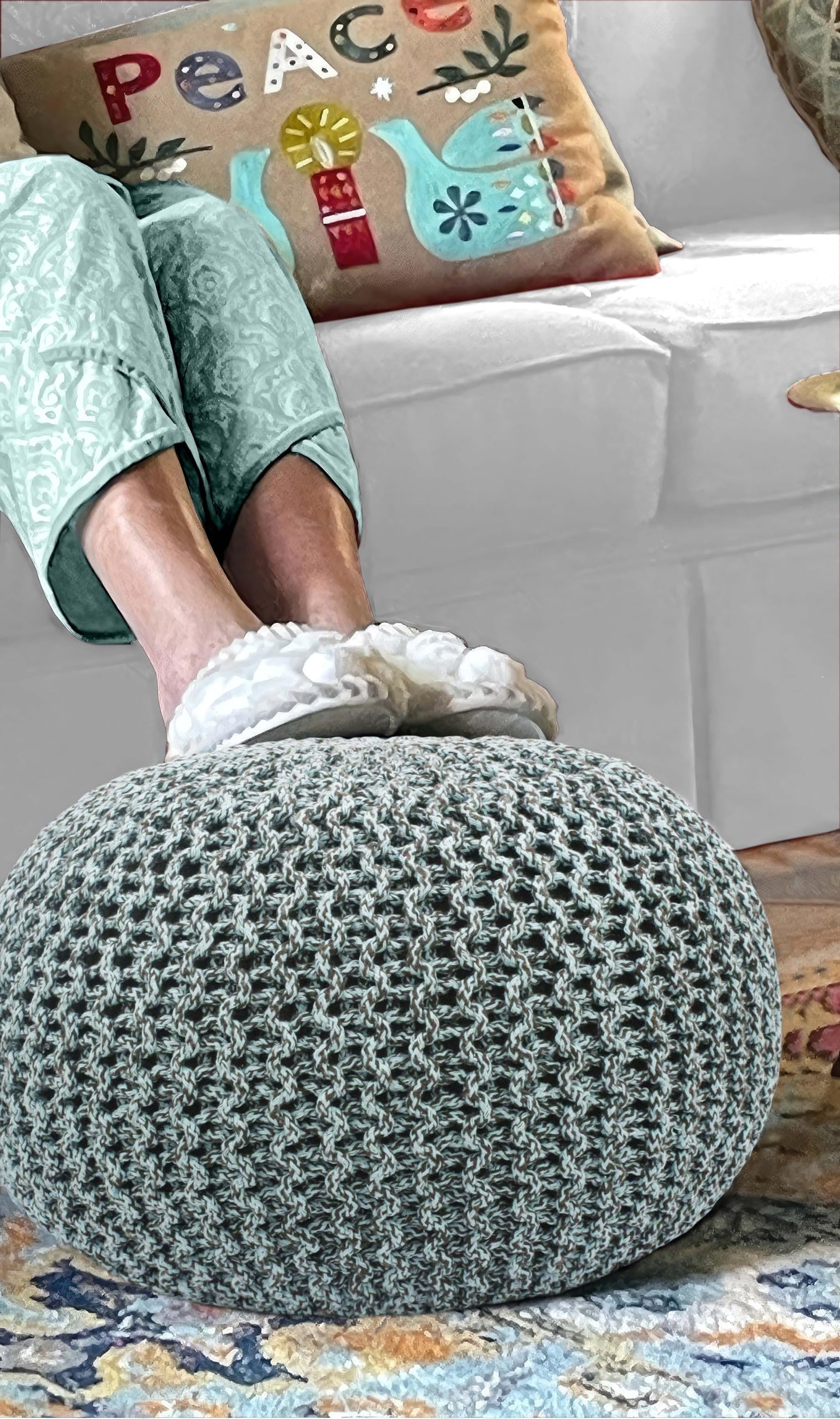 Hand-Knitted Cotton Round Pouf – Braid Cord Ottoman, Footrest, and Accent Seat for Living Room, Nursery, Kids Room, or Dorm Décor – 20x14