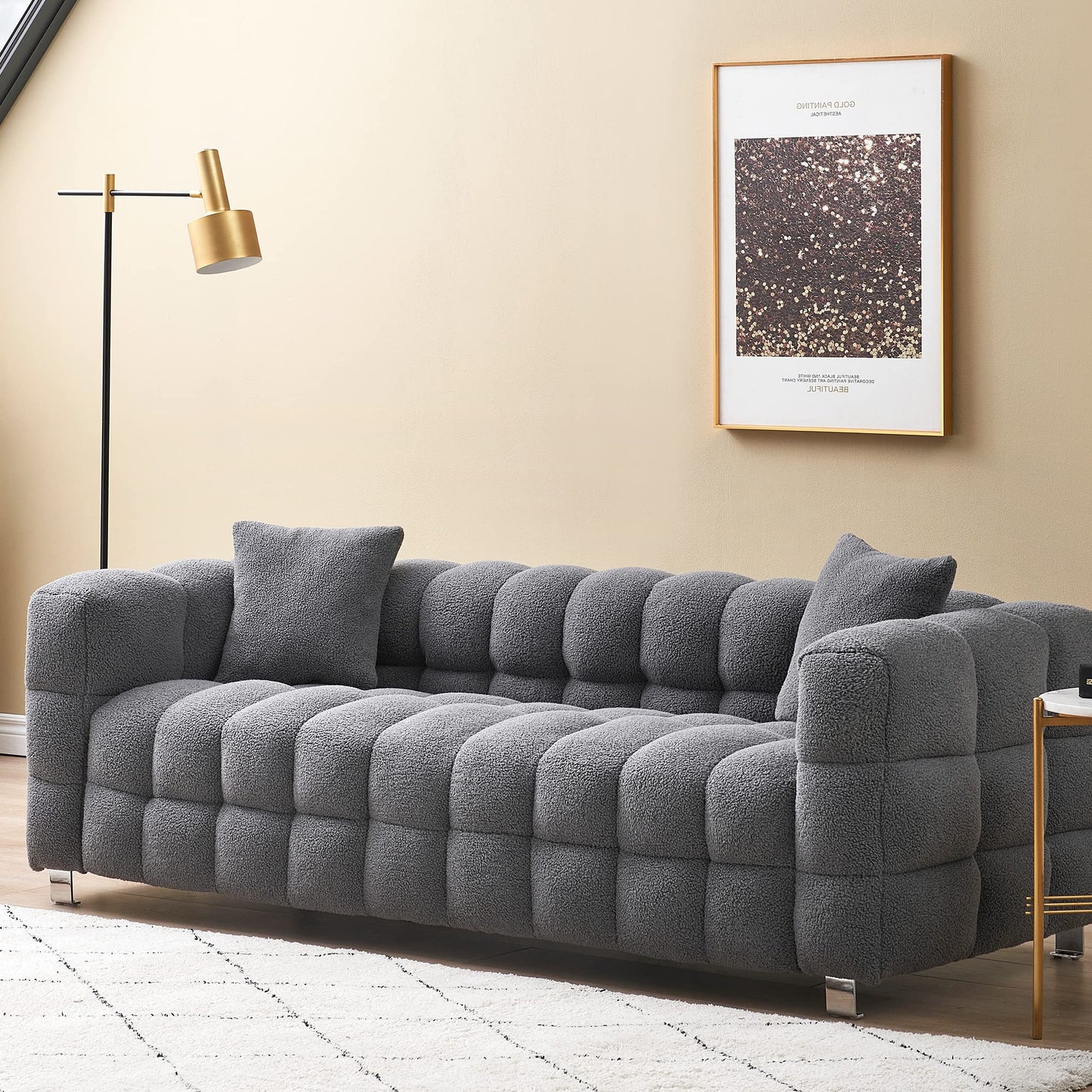 Modern Sofa Couch with Metal Legs Upholstered Tufted 3 Seater Couch with 2 Pillows Decor