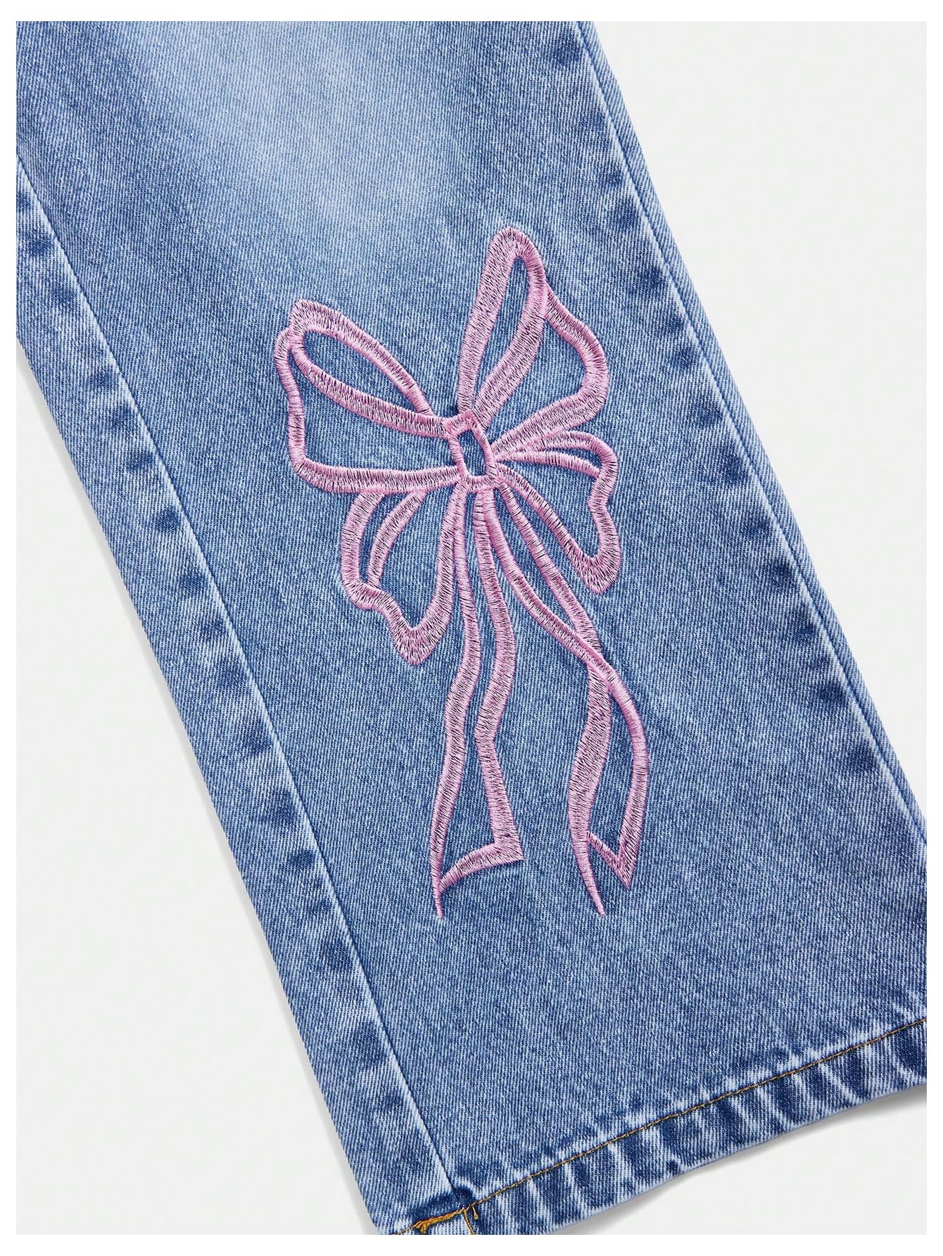 Girl's Bow Print Back Zipper Fly Elastic High Waist Denim Pants Basic Wide Leg Jeans