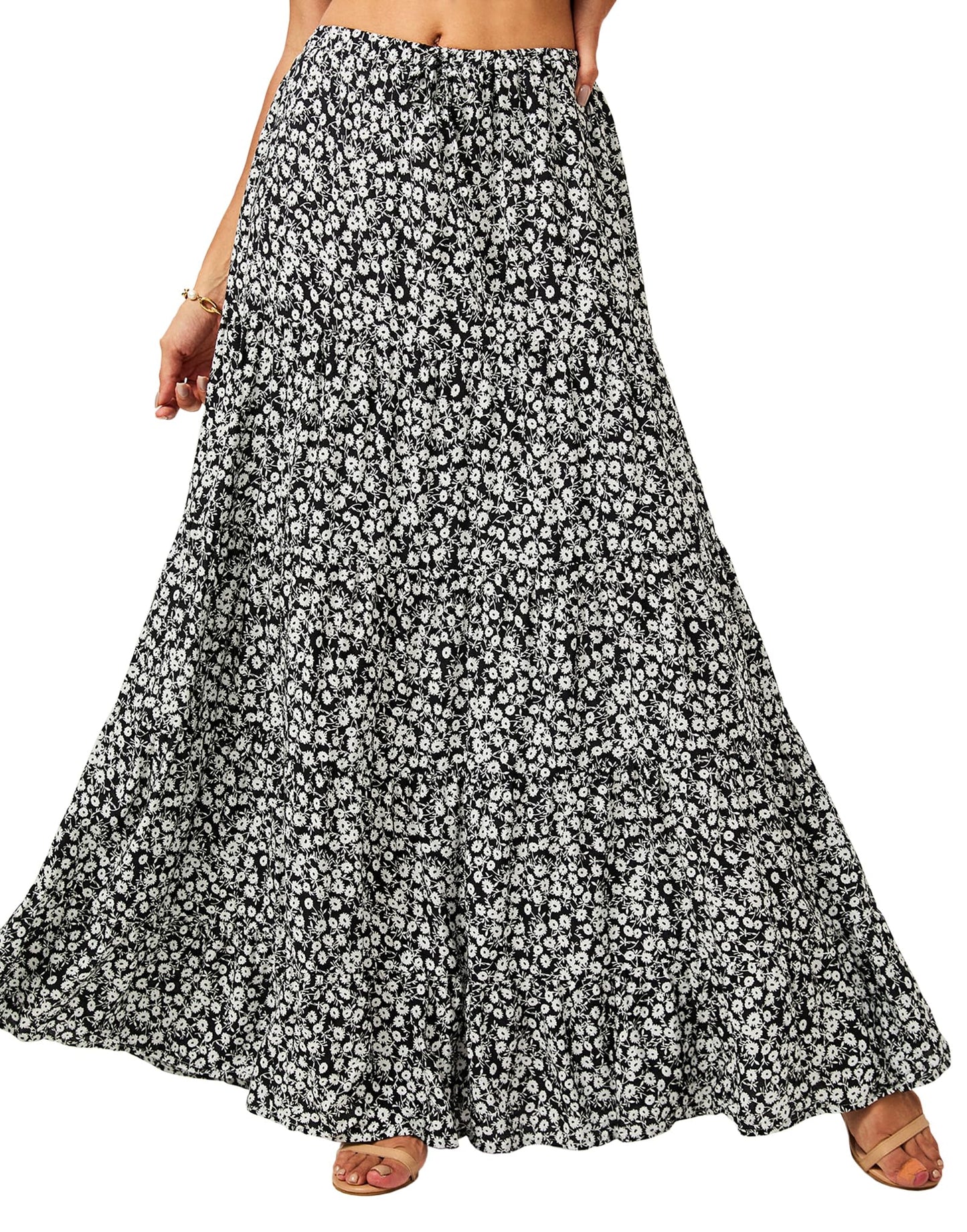 Women's Casual High Elastic Waist Ruffle Boho Pleated A-line Long Maxi Skirt