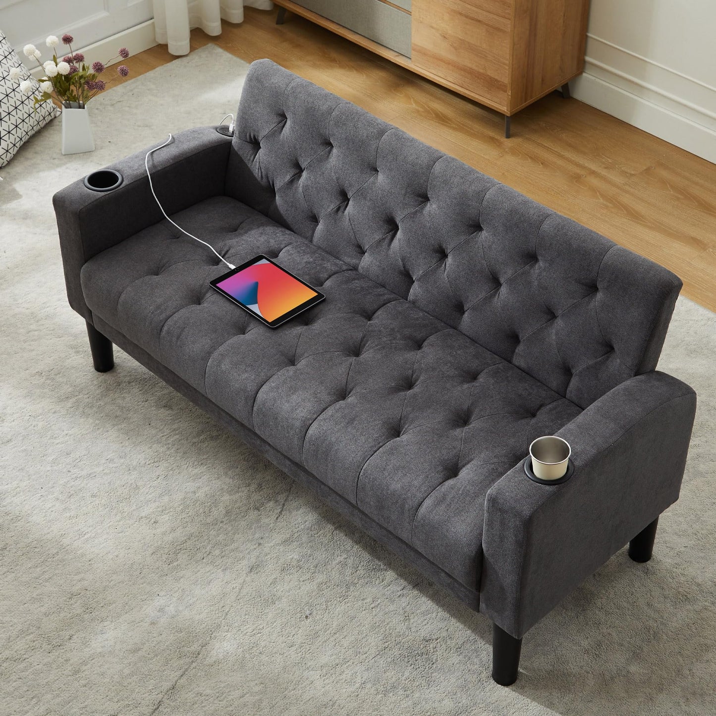 Loveseat Sofa w/ 2 USB Charger Ports and 2 Cupholders, Mid-Century Modern Tufted Pink Velvet