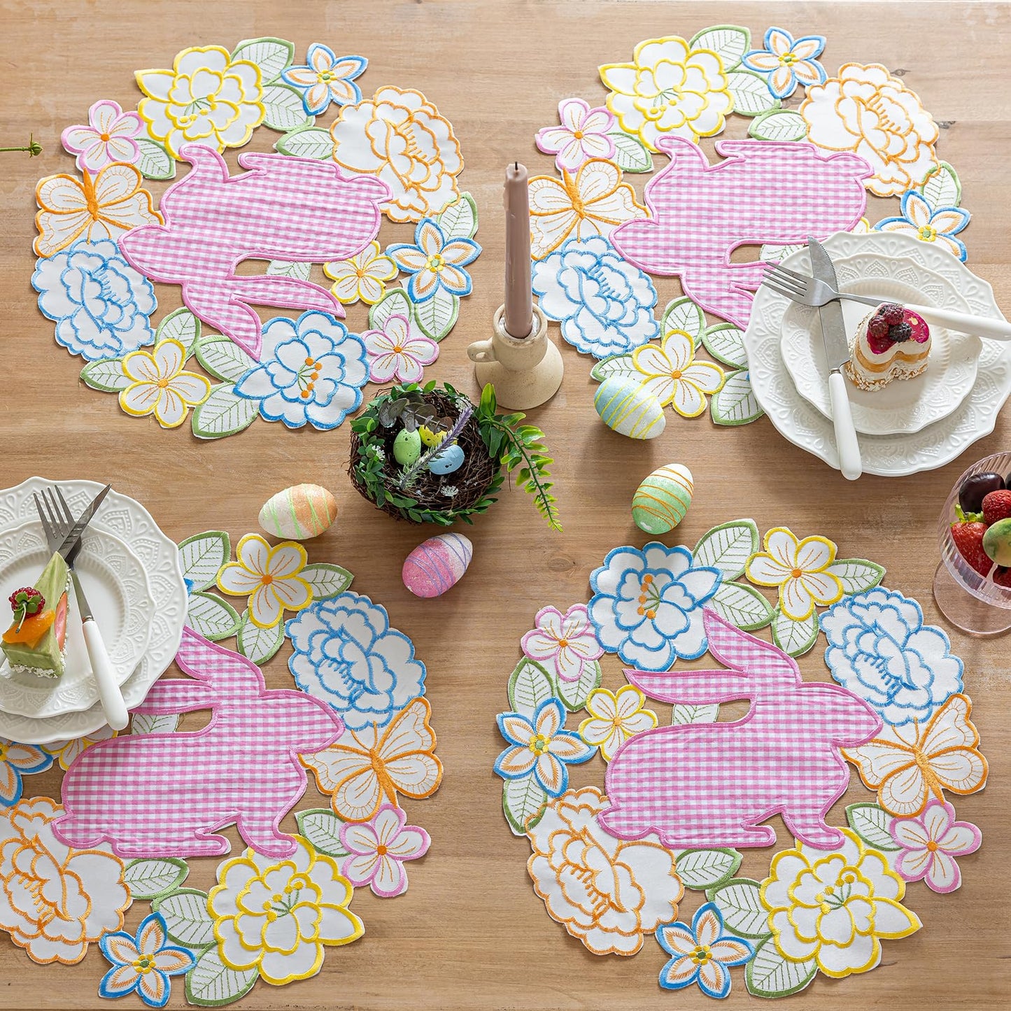 Cutwork Embroidered Plaid Easter Rabbits Florals Table Runners, Placements Dining Home Table Decorations