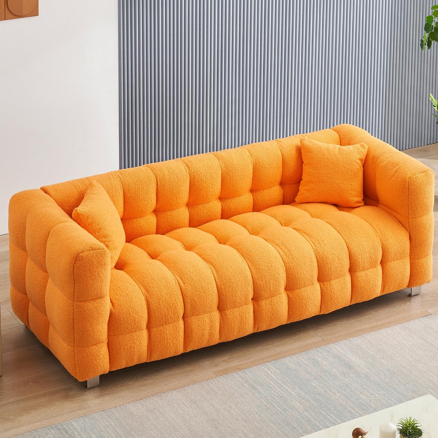 Modern Sofa Couch with Metal Legs Upholstered Tufted 3 Seater Couch with 2 Pillows Decor