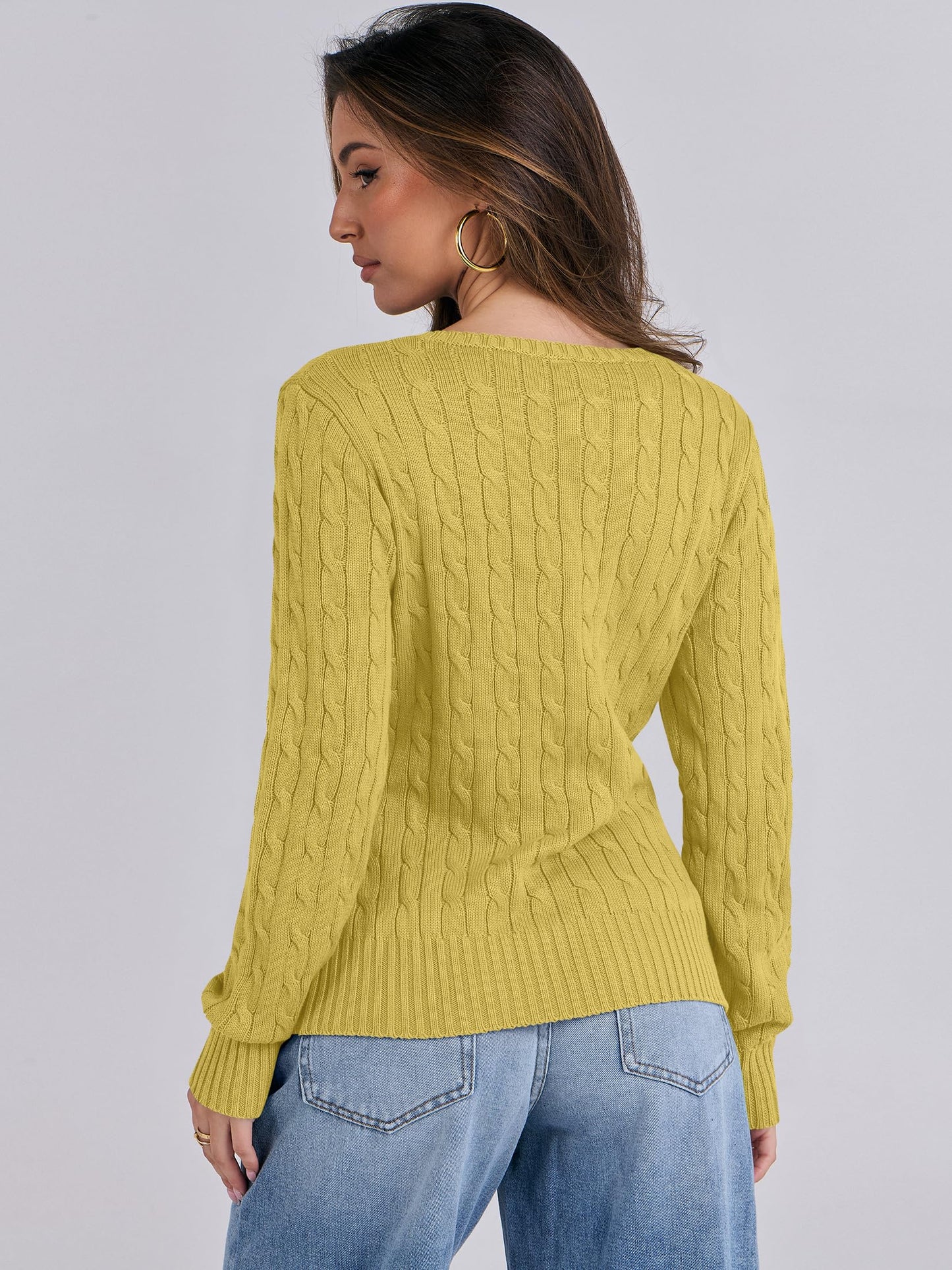 Women's Long Sleeve V Neck Cable Knit Sweater Jumper