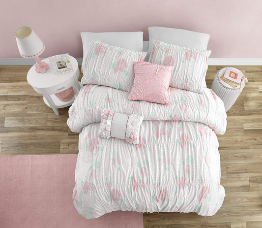 Pretty Floral 4-Piece Comforter set with Smocking and Ruffled texture, Girls, Teen bedding, Shabby Chic, White/Pink/Aqua