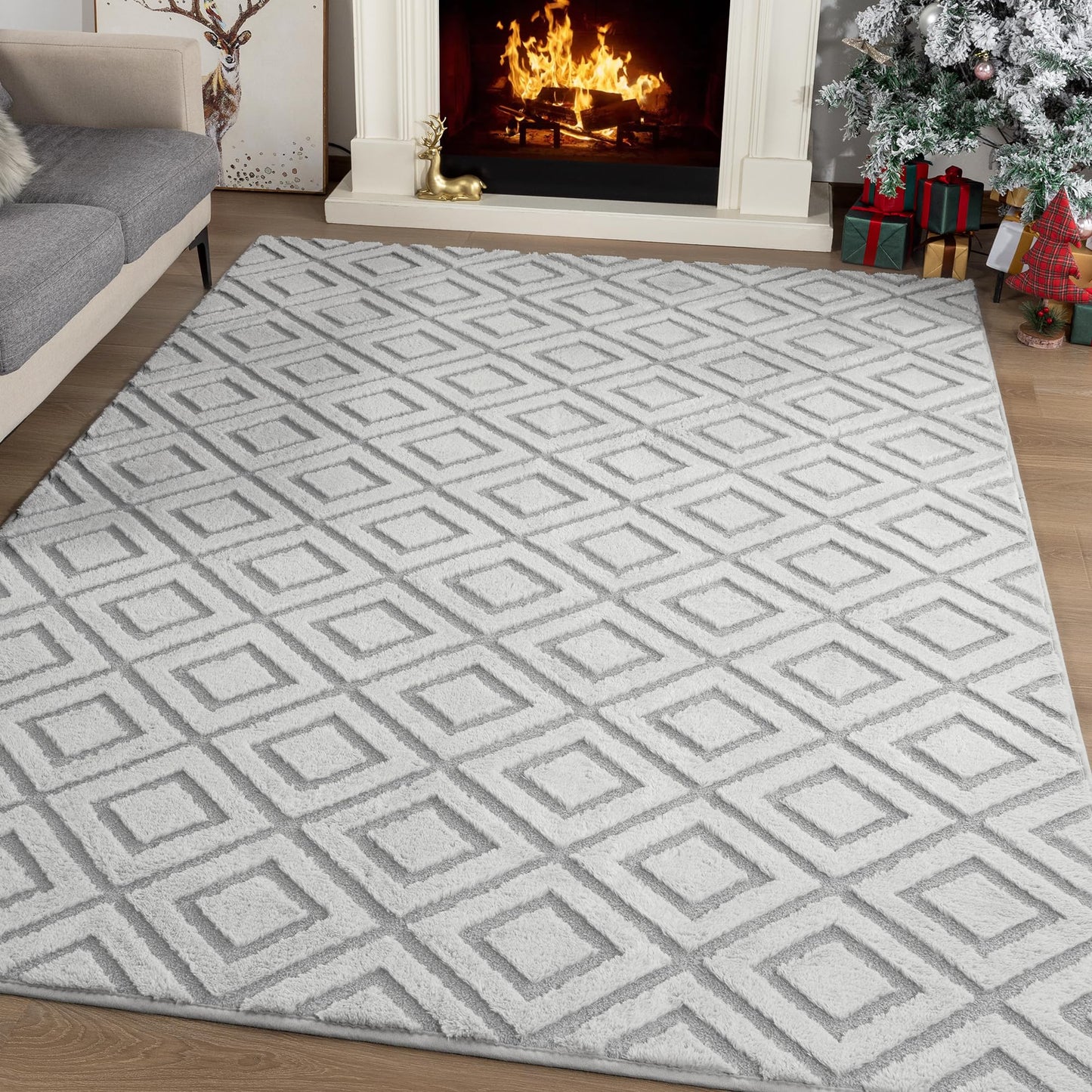 Geometric Memory Foam Rugs - Fluffy Checkered Shaggy Area Rug, Non-Slip Washable Modern Indoor Carpet