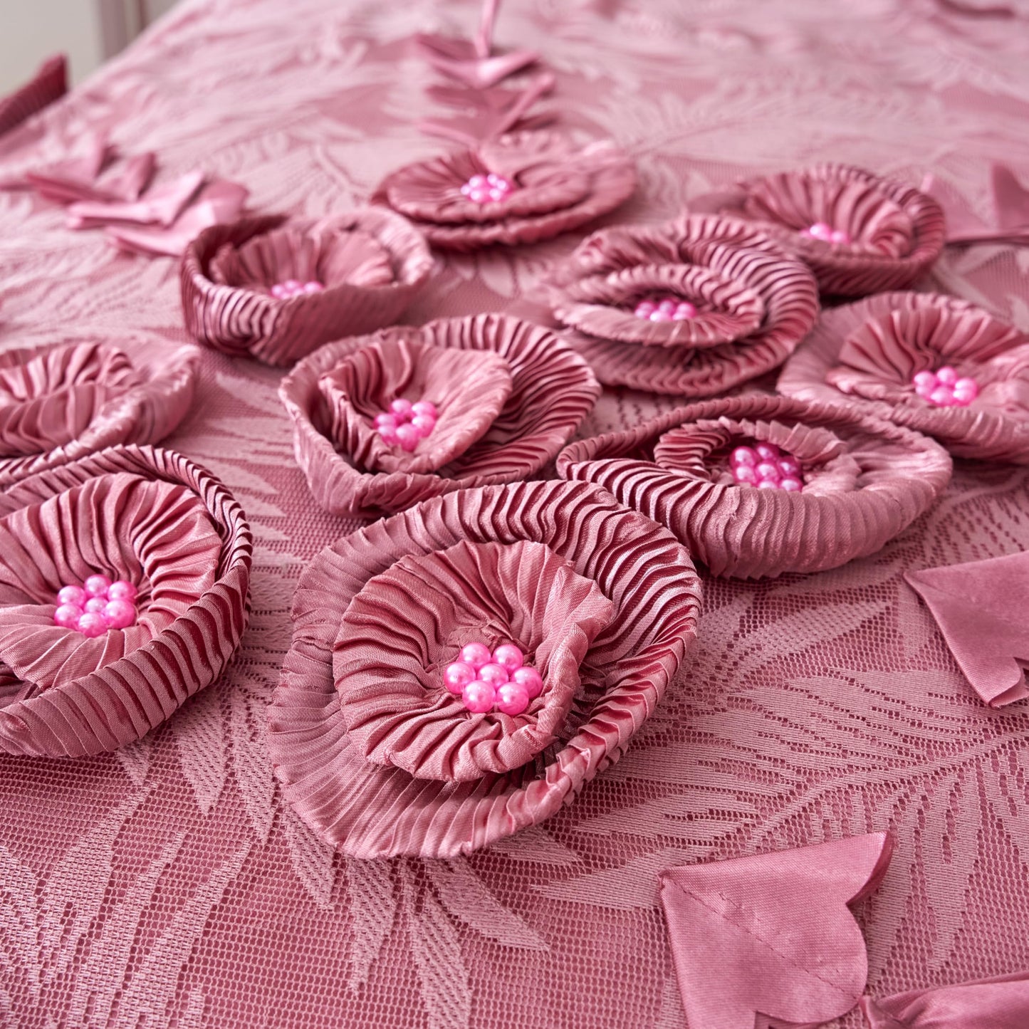 Elegant Satin Lace Cascading Ruffles Floral Embellished Victorian Rose Pink Bedding Royal Princess Dreams Ruffled Comforter Set, 6 Pieces