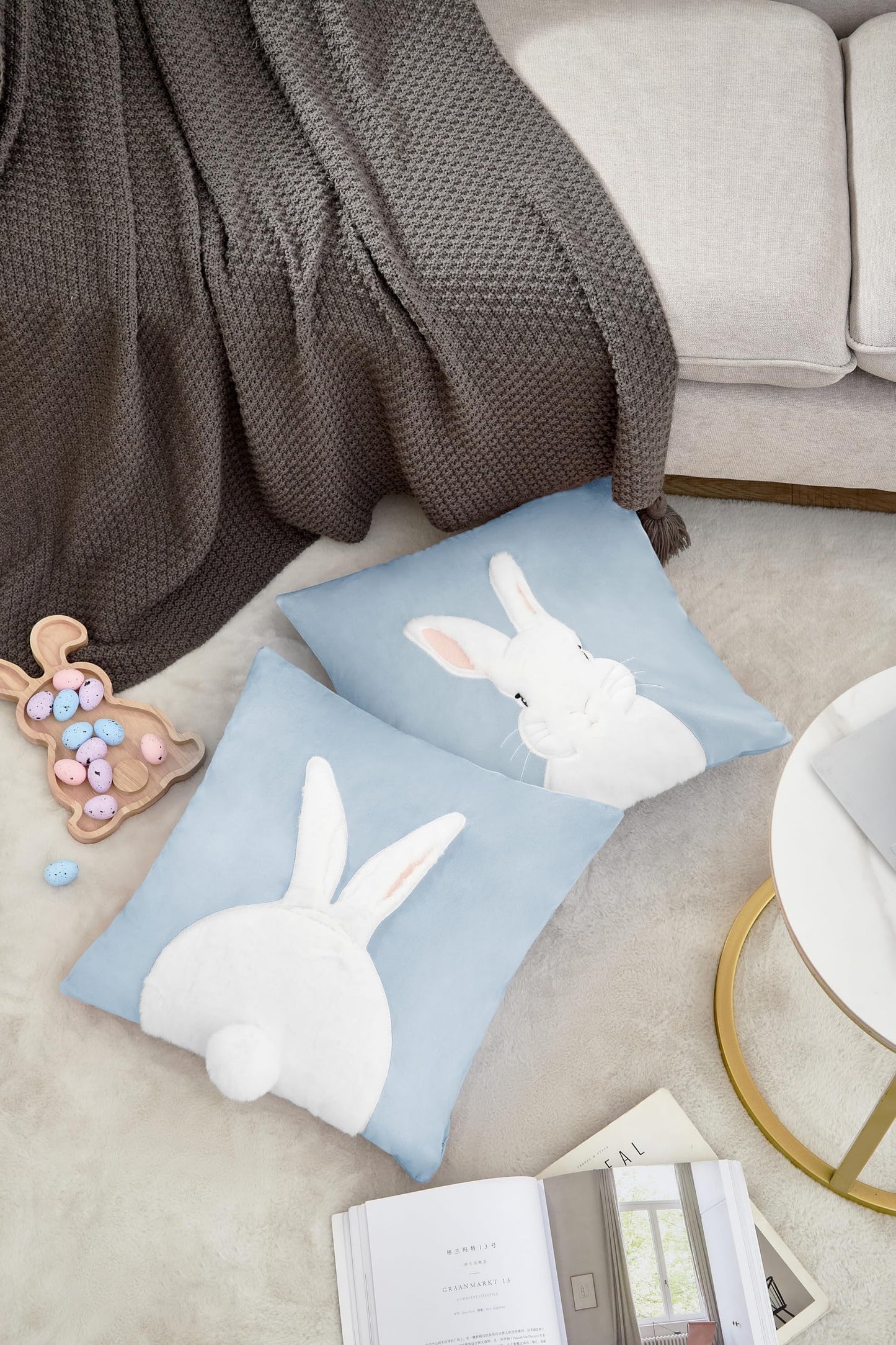 Embroidered 3D Bunny Rabbit Throw Pillowcase Velvet Spring Easter Pillow Covers