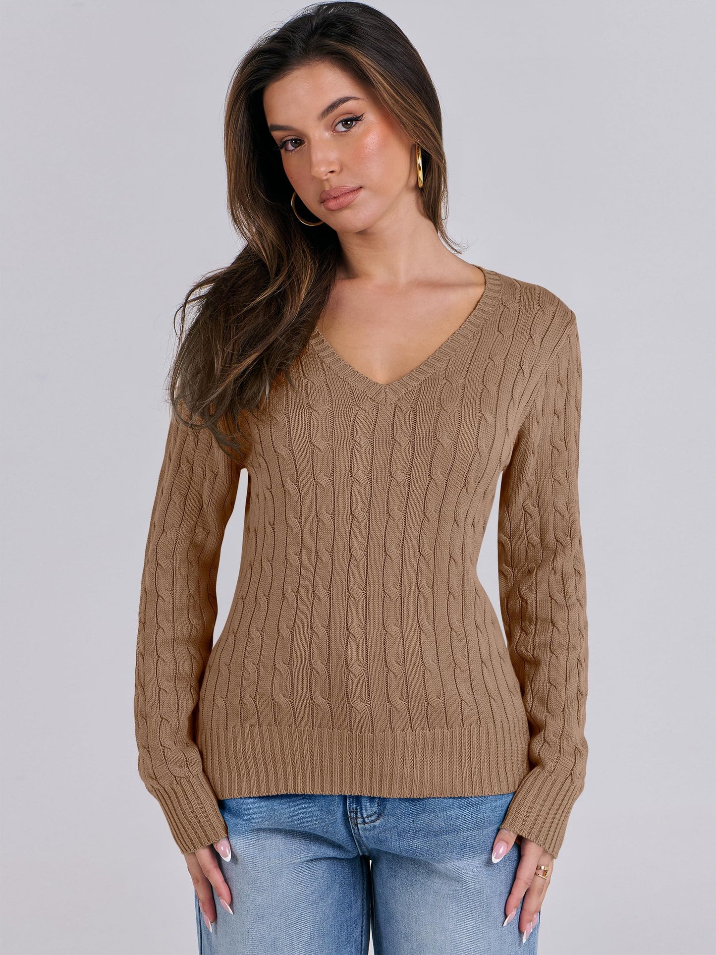 Women's Long Sleeve V Neck Cable Knit Sweater Jumper