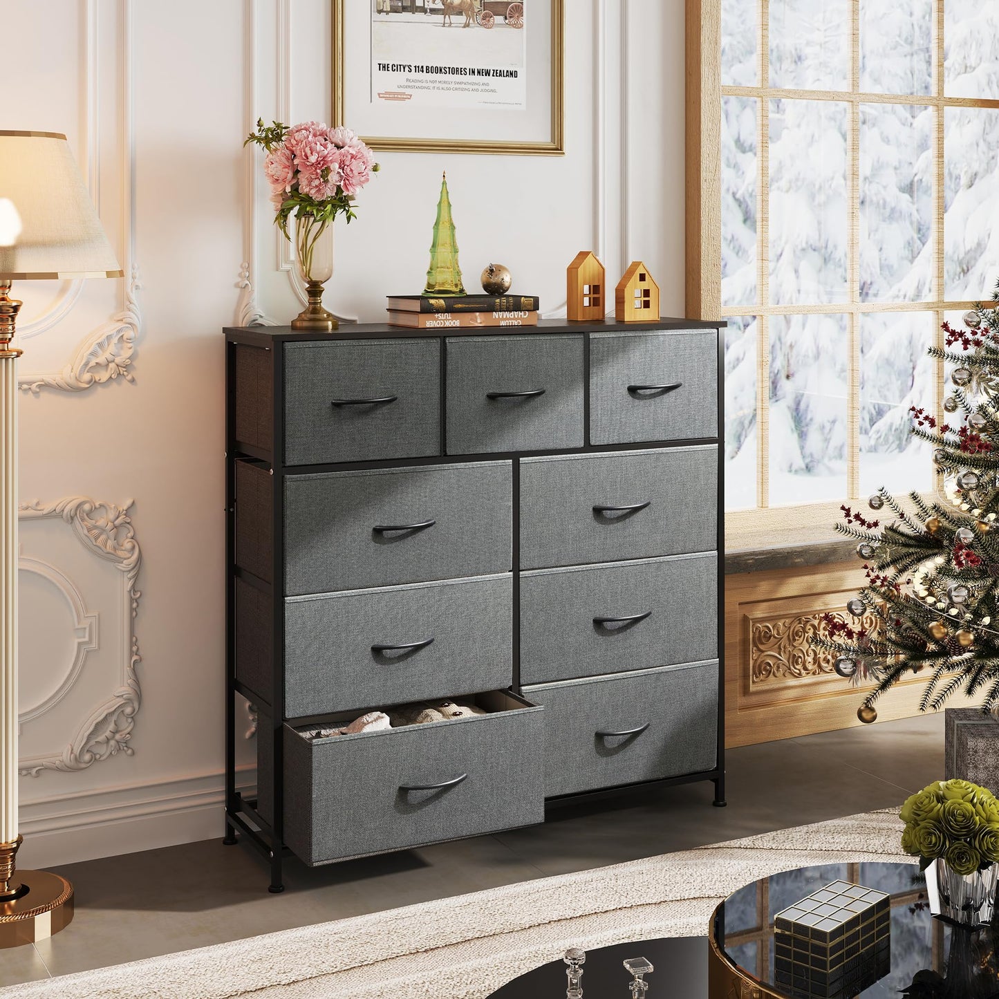 Drawer Fabric 9 Dresser – Tall Storage Tower with Bins, Steel Frame, and Wood Top