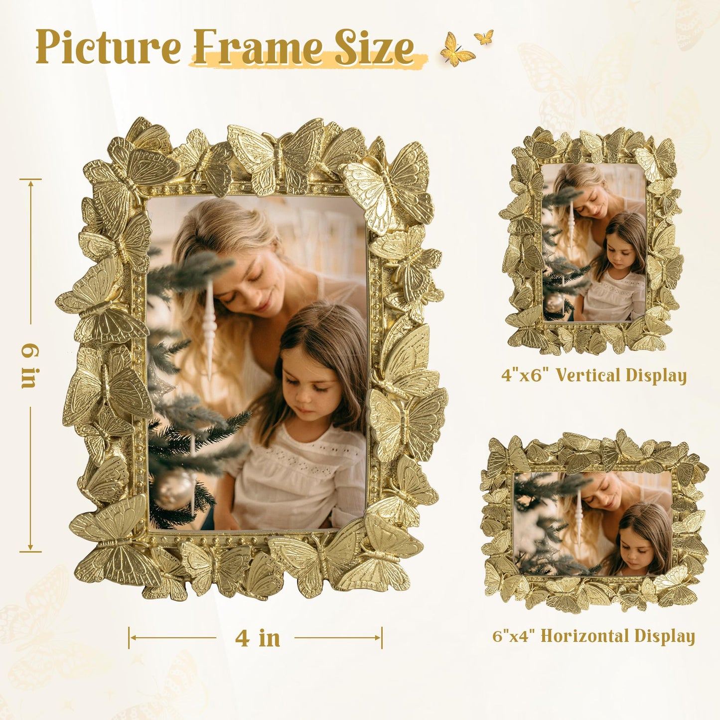 Picture Frame with High Tempered Glass, Butterfly Textured Hand-Crafted Resin Cute Photo Frame with Easel & Hook for Tabletop & Wall Display