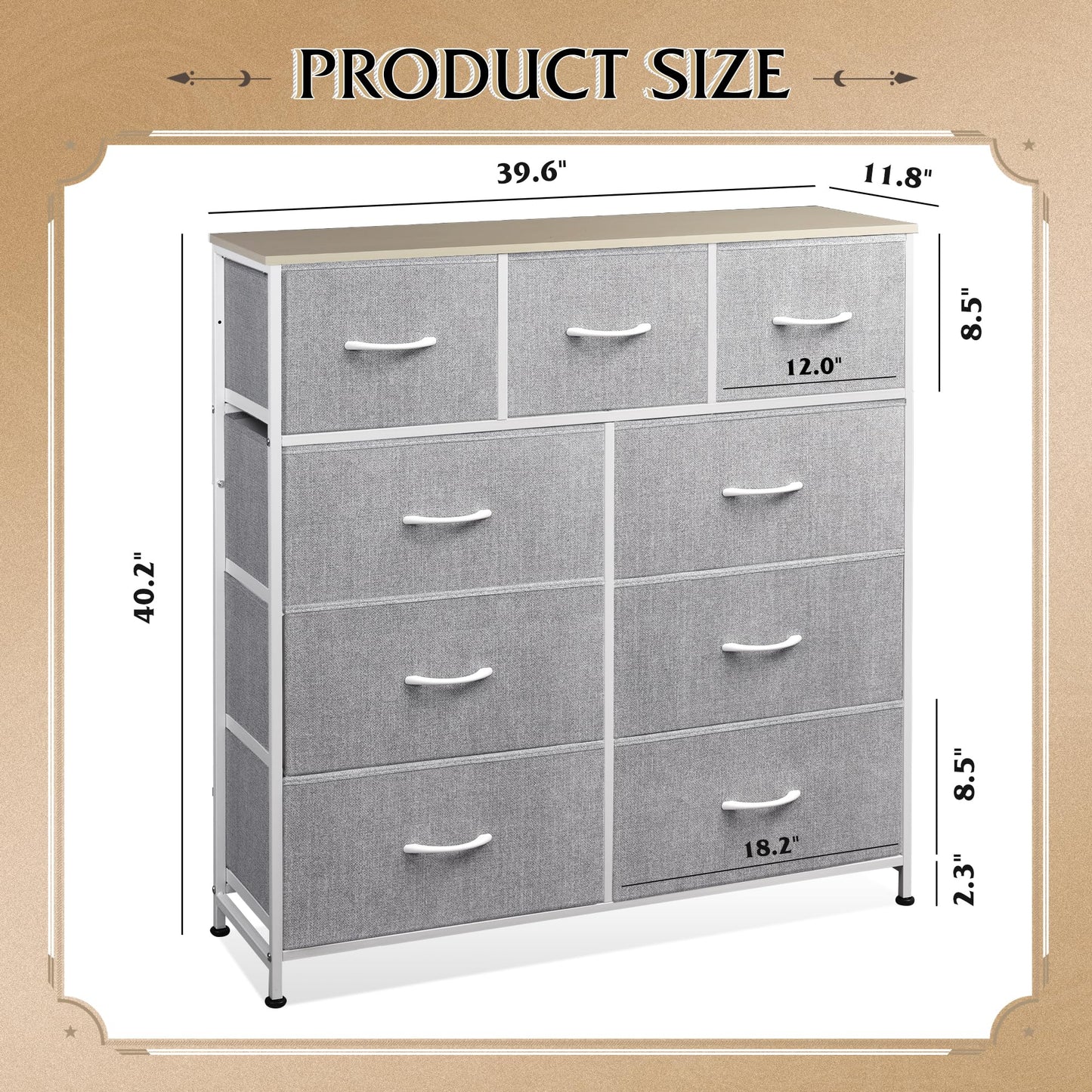 Drawer Fabric 9 Dresser – Tall Storage Tower with Bins, Steel Frame, and Wood Top